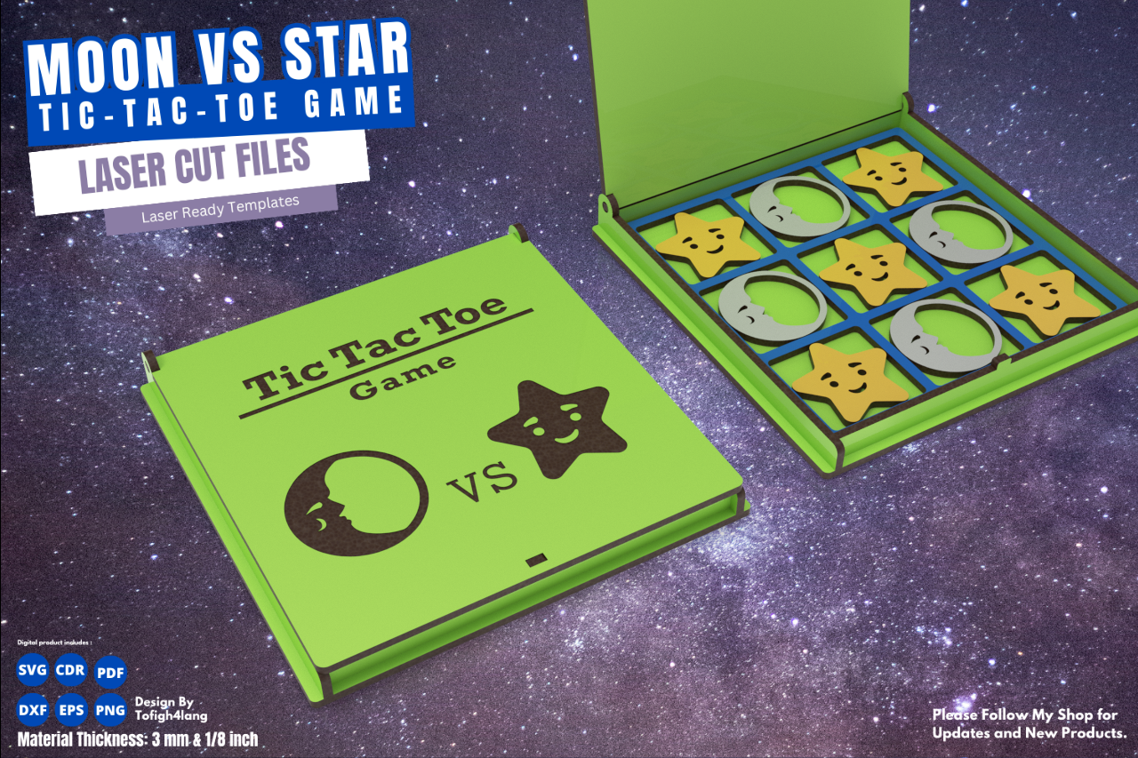 Moon vs Star Tic Tac Toe Game | Laser Cut File | SVG File | Game for Kids and Adults