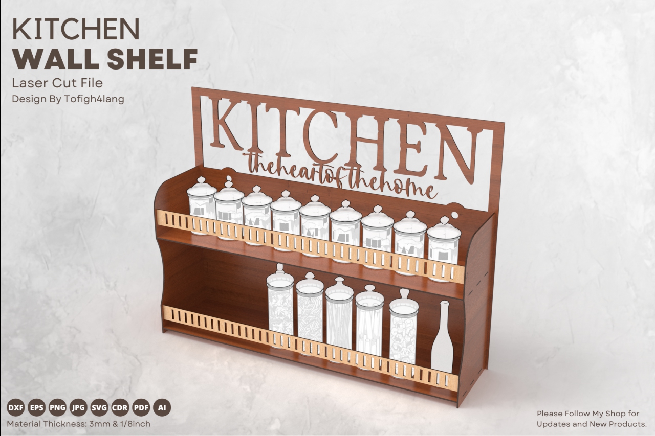 Kitchen Wall Shelf Laser Cut Files | Rustic Home Organization | Kitchen Decor SVG