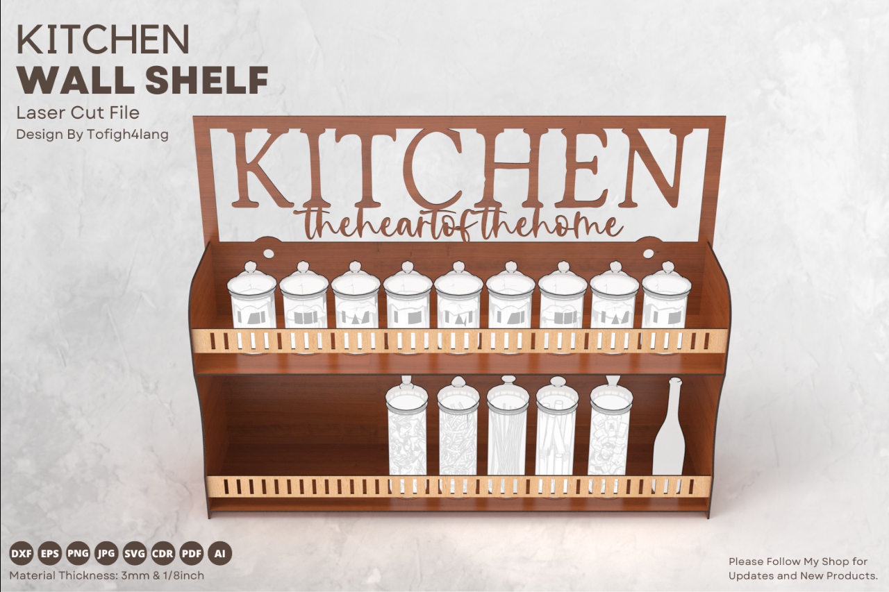 Kitchen Wall Shelf Laser Cut Files | Rustic Home Organization | Kitchen Decor SVG