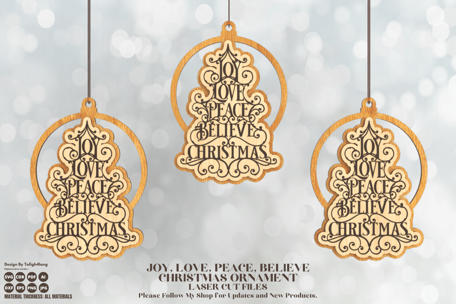 Joy, Love, Peace, Believe Christmas Ornament | Laser Cut File | SVG, DXF, CDR, PDF