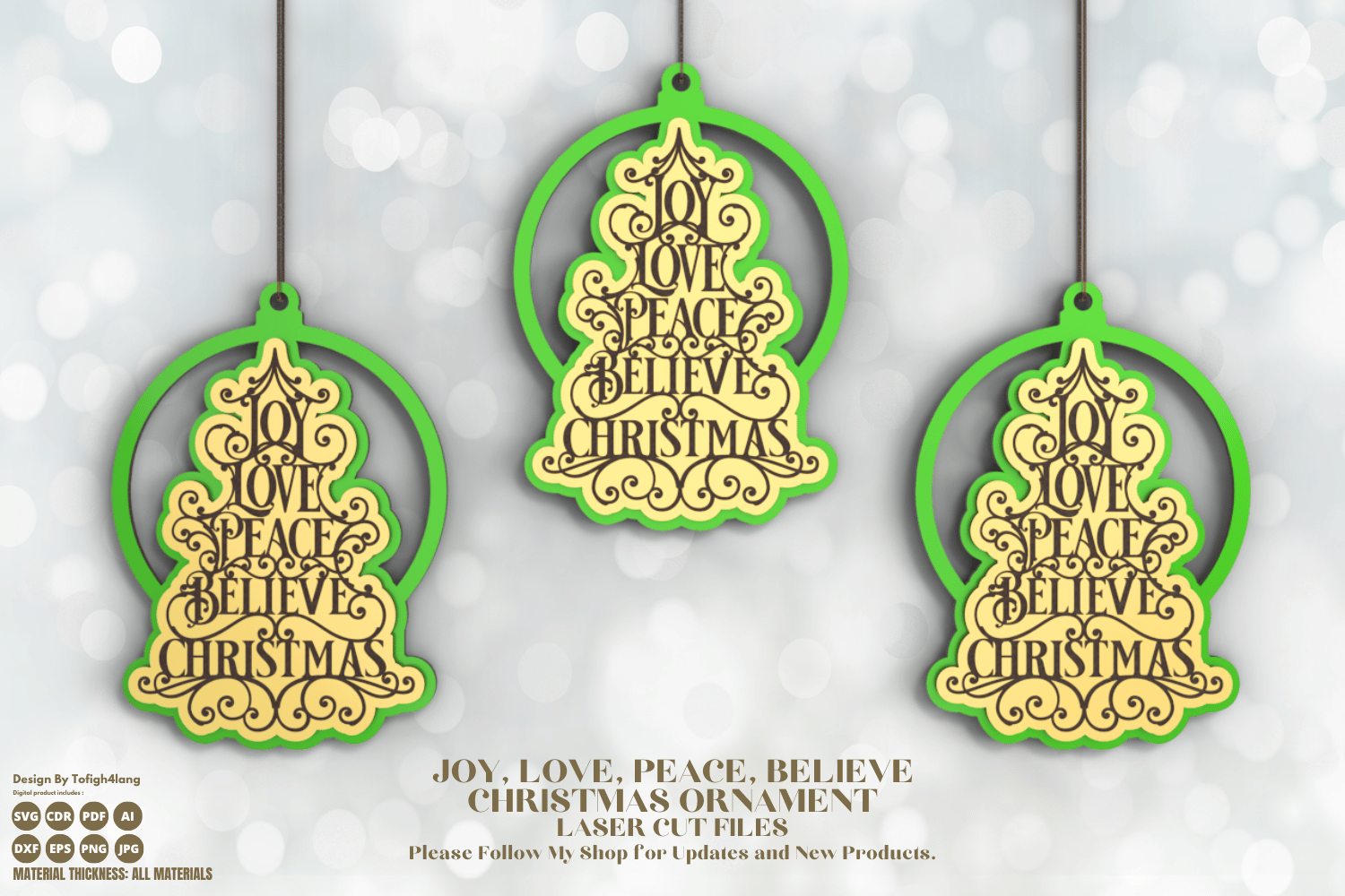 Joy, Love, Peace, Believe Christmas Ornament | Laser Cut File | SVG, DXF, CDR, PDF