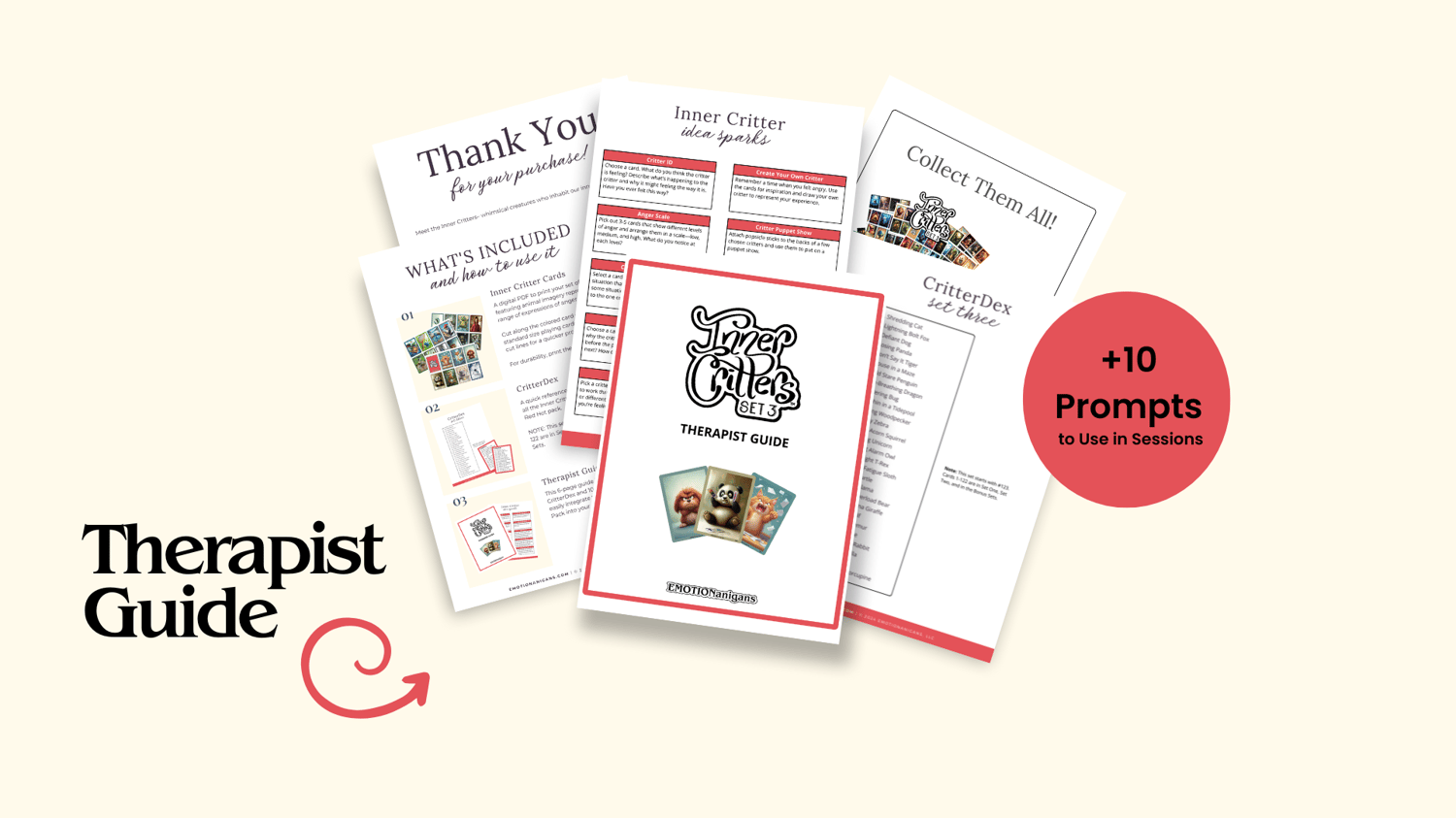 text that reads therapist guide with a red arrow pointing at 6 workbook pages depicting what is inside and a red circle with the text 10 prompts to use in sessions