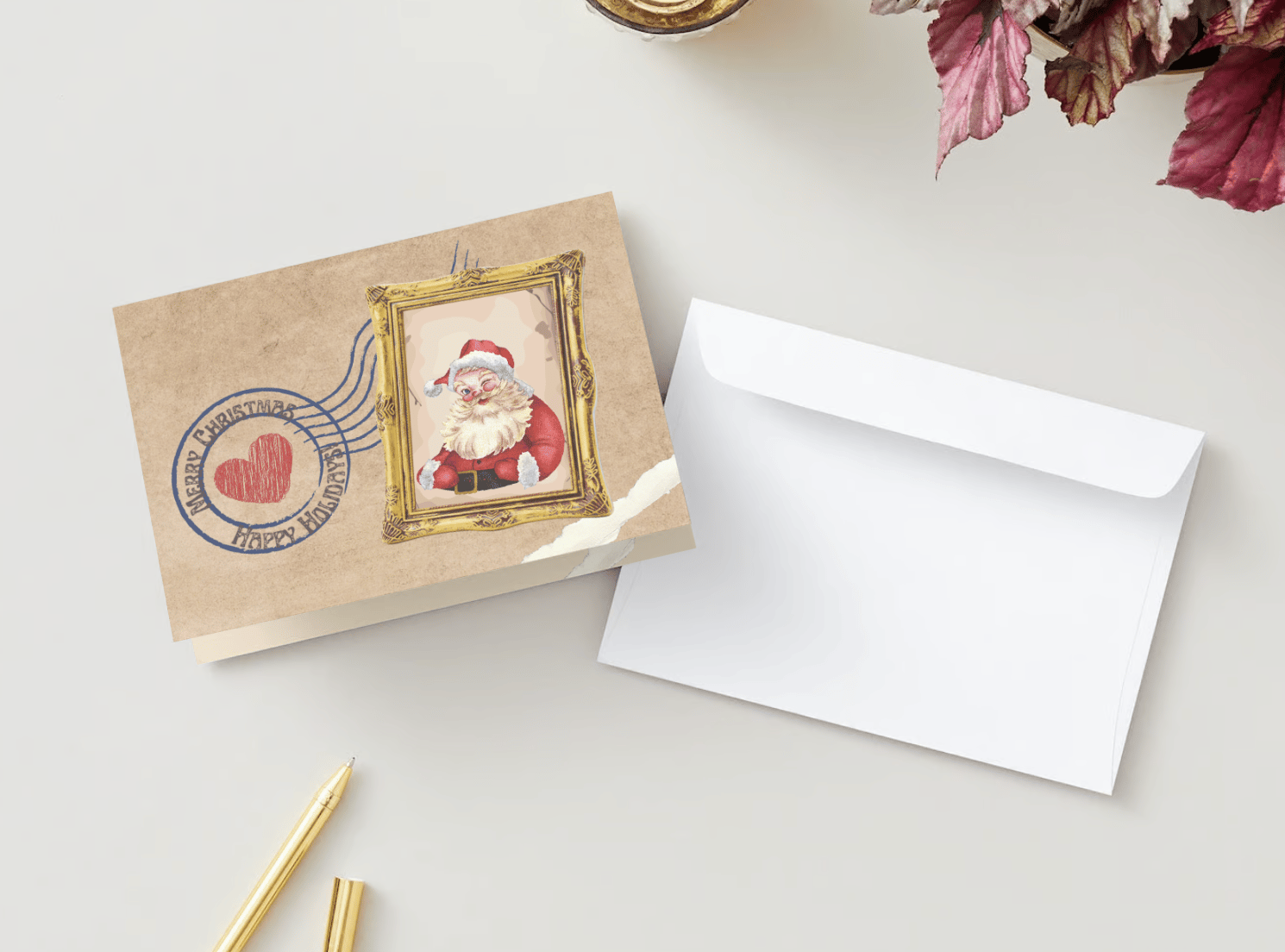 Customizable Vintage Santa Postcard Folded Card Landscape | Digital Canva Template. Mock card outside front view with envelope