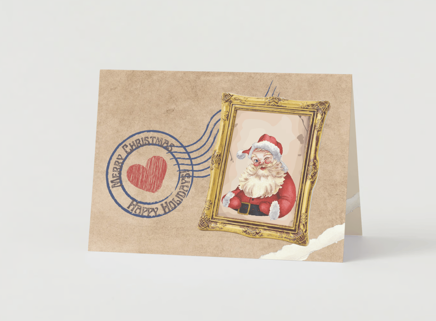 Customizable Vintage Santa Postcard Folded Card Landscape | Digital Canva Template. Mock card outside front view