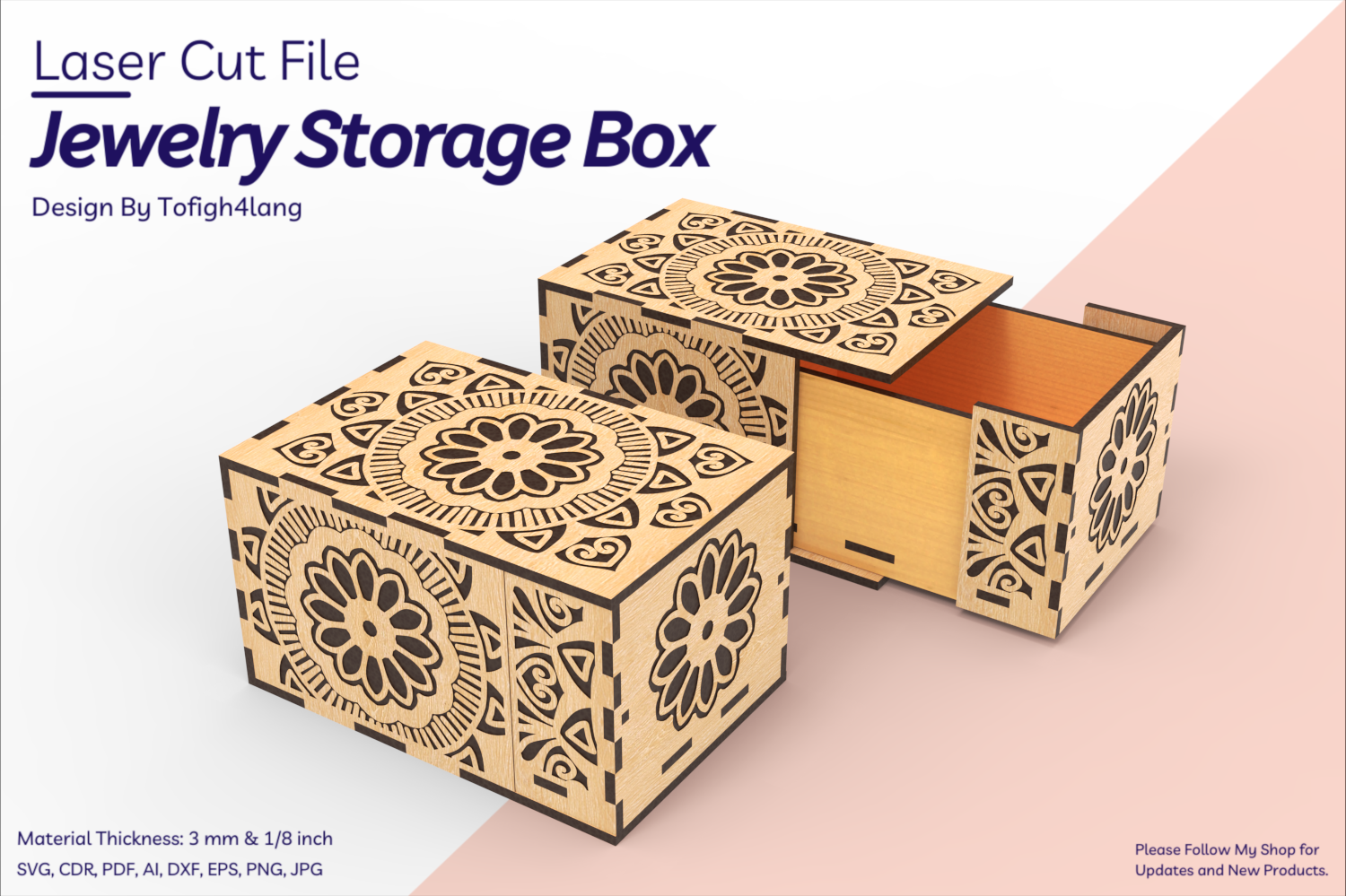 Jewelry Storage Box with Mandala Pattern | Laser Cut | SVG File | Jewelry Box