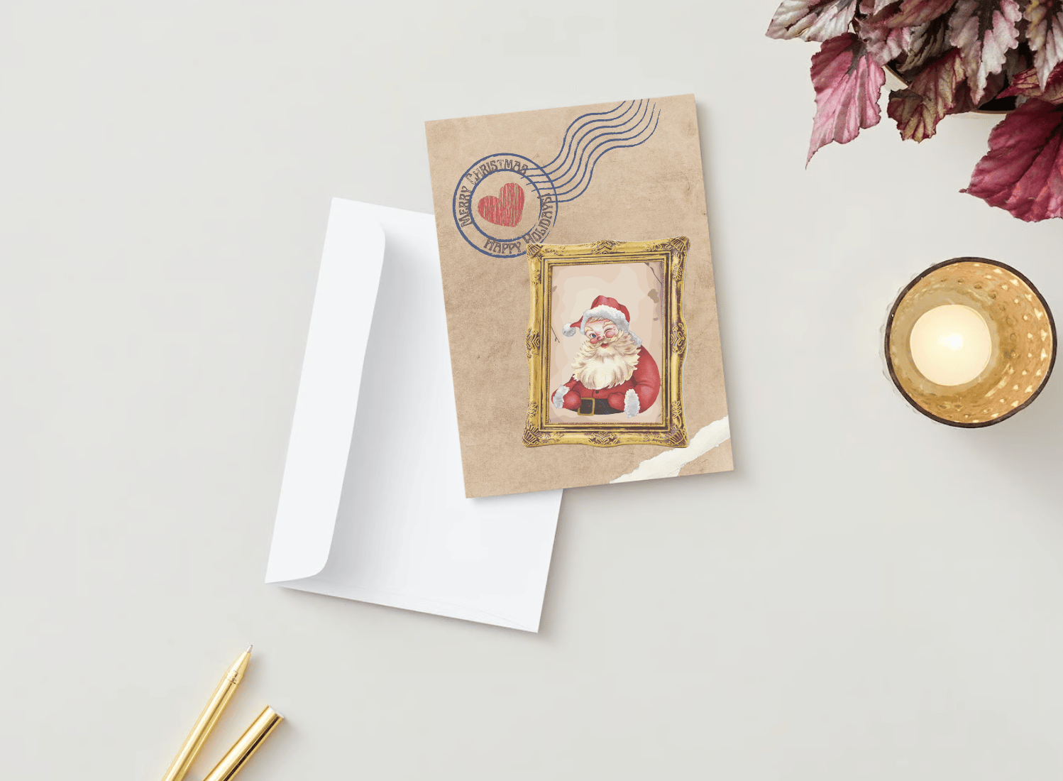 Customizable Vintage Santa Postcard Folded Card Portrait | Digital Canva Template. Mock card outside front view with envelope