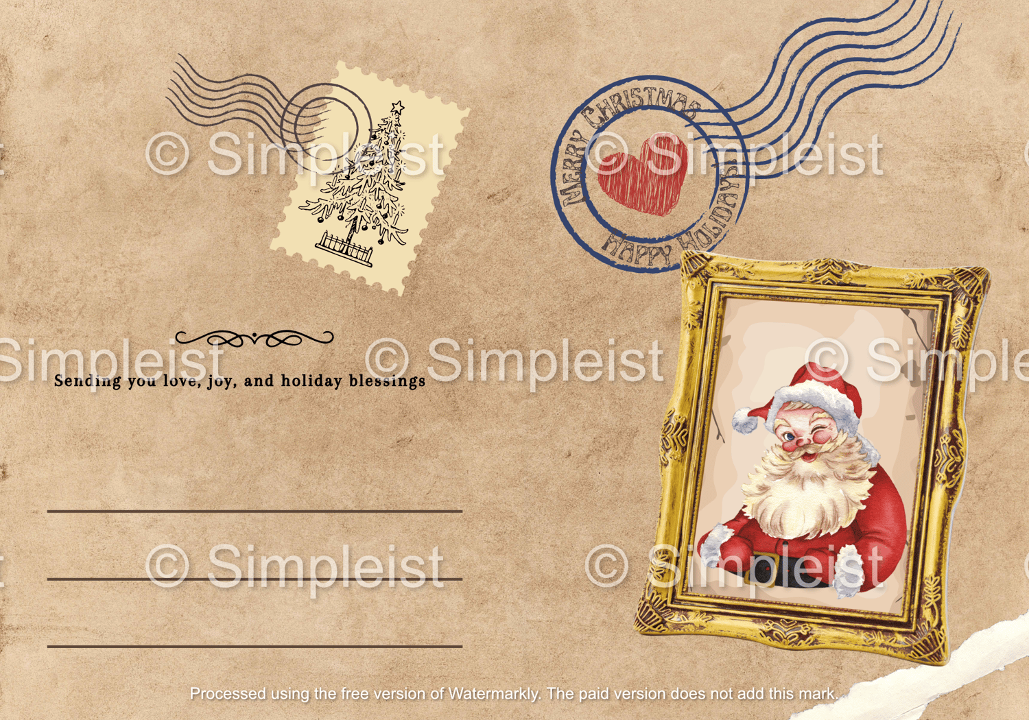 Customizable Vintage Santa Postcard Folded Card Portrait | Digital Canva Template. Outside design