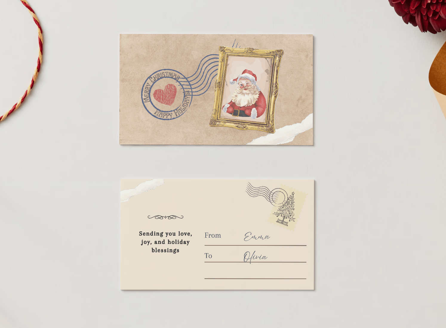 Customizable Vintage Santa Postcard Gift/Favor Tag| Digital Canva Template. Mock card front and back views