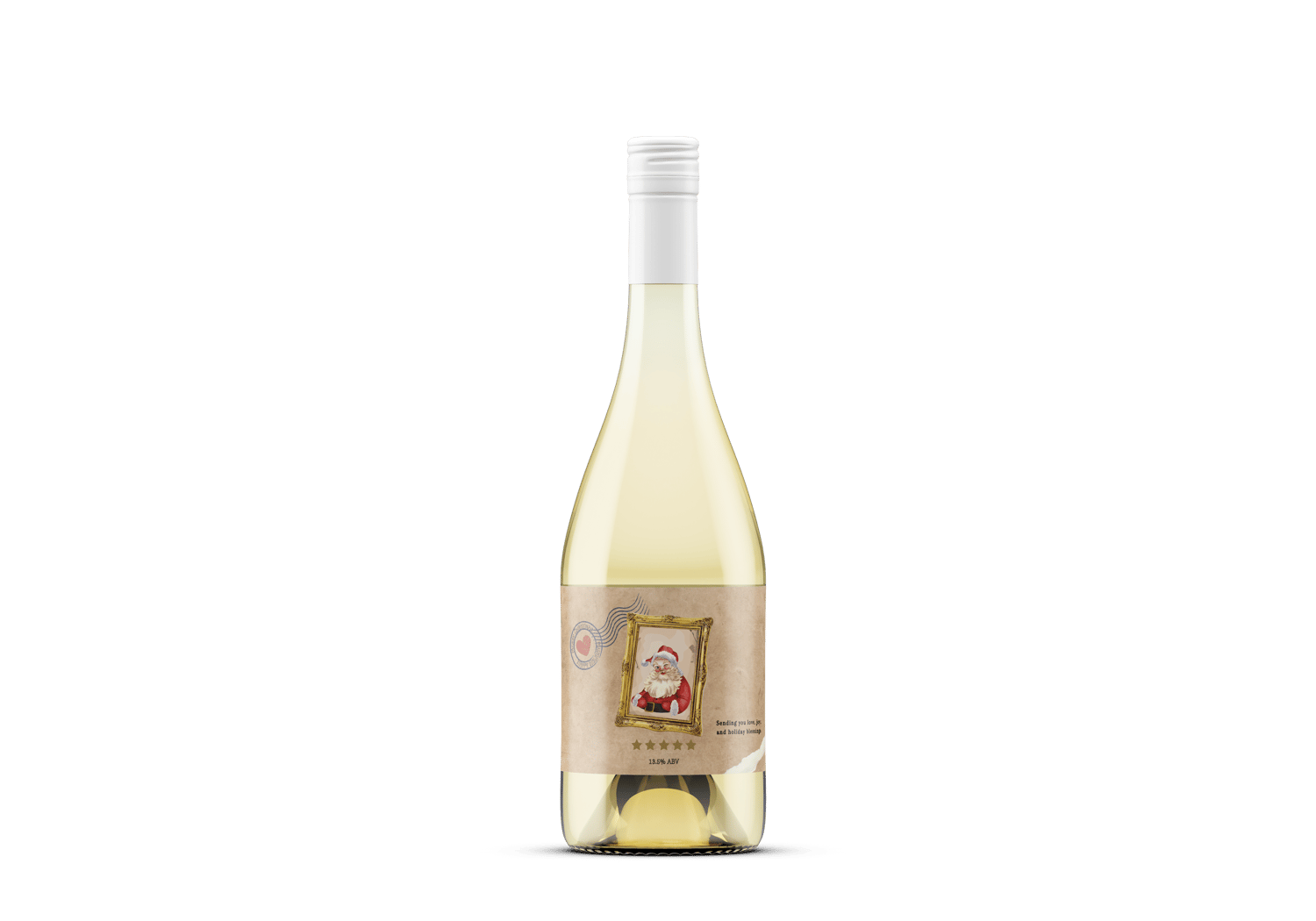 Customizable Vintage Santa Postcard Sticker Label 6"x4" | Digital Canva Template. Mock sticker on white wine bottle