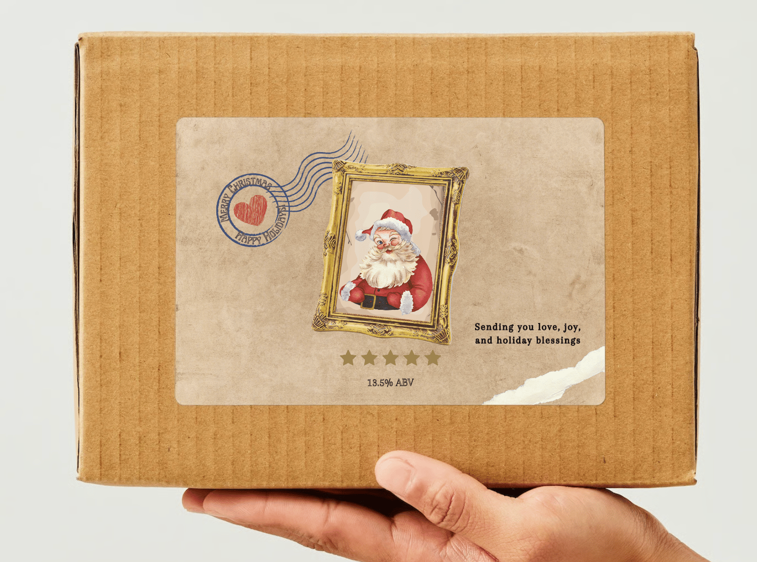 Customizable Vintage Santa Postcard Sticker Label 6"x4" | Digital Canva Template. Mock sticker on box