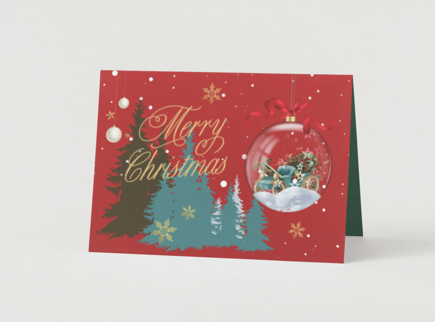 Customizable Festive Christmas Ornament Scene Folded Card Landscape | Digital Canva Template. Mock card outside front view