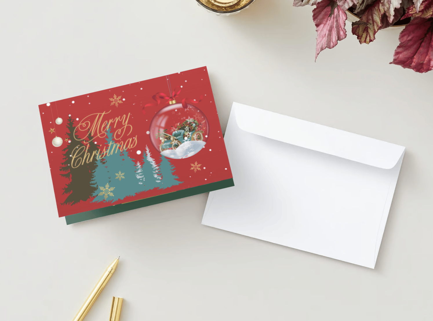Customizable Festive Christmas Ornament Scene Folded Card Landscape | Digital Canva Template. Mock card outside front view with envelope