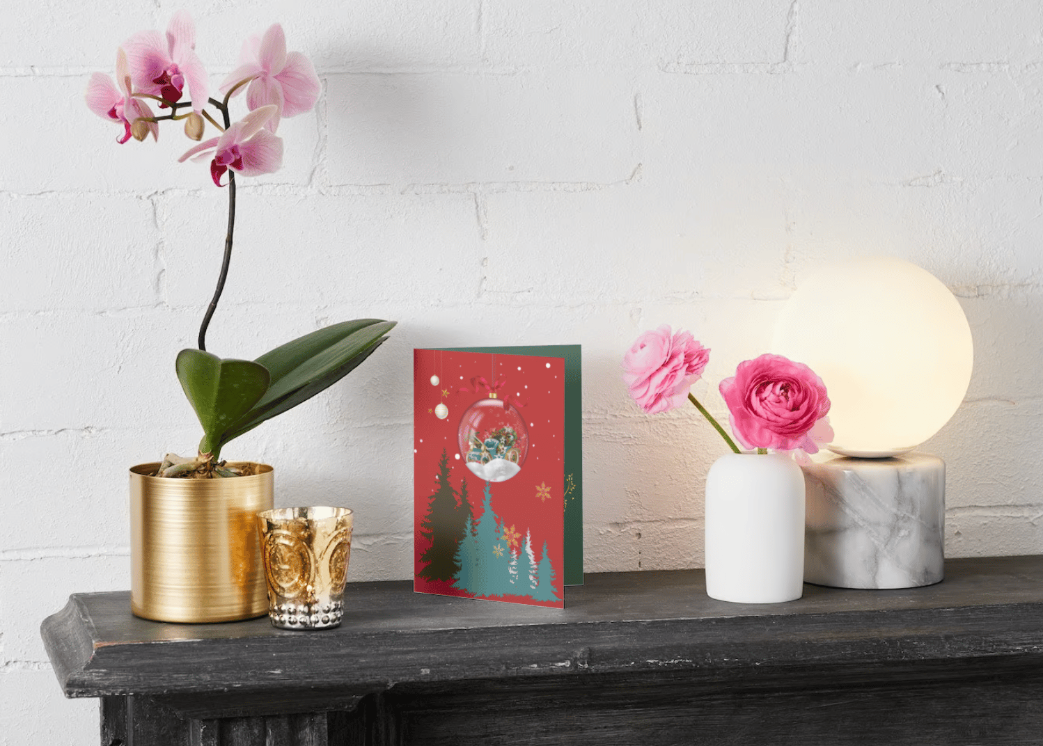 Customizable Festive Christmas Ornament Scene Folded Card Portrait | Digital Canva Template. Mock card outside front view as display