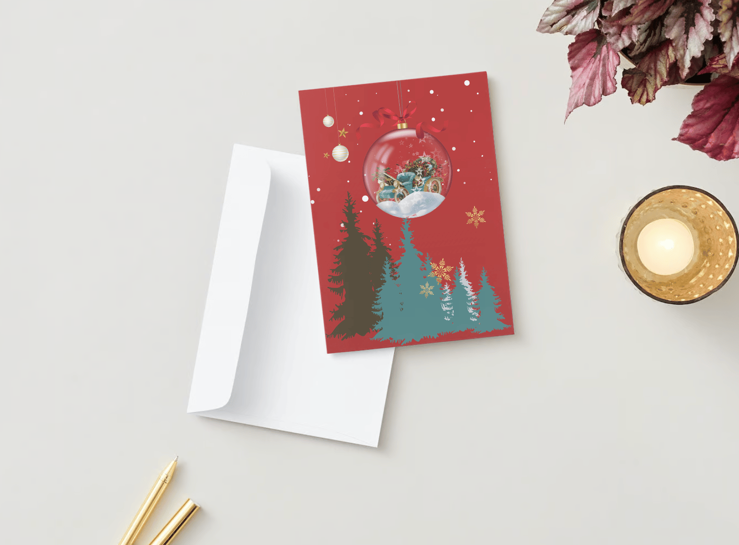 Customizable Festive Christmas Ornament Scene Folded Card Portrait | Digital Canva Template. Mock card outside front view with envelope