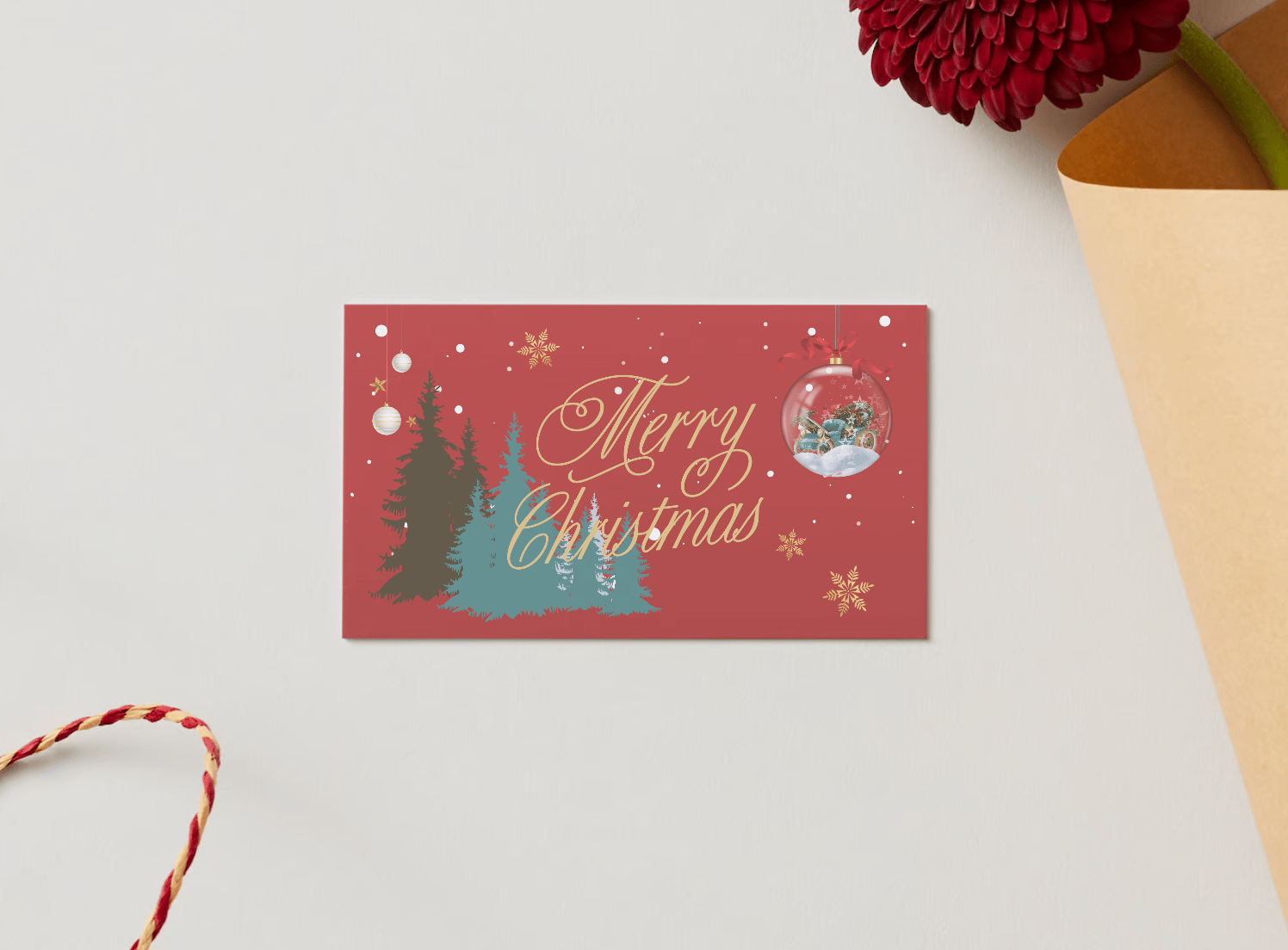 Customizable Festive Christmas Ornament Scene Gift/Favor Tag| Digital Canva Template. Mock card front view