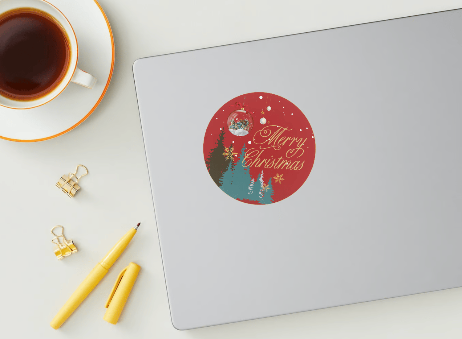 Customizable Festive Christmas Ornament Scene Circle Sticker | Digital Canva Template. Mock sticker on laptop