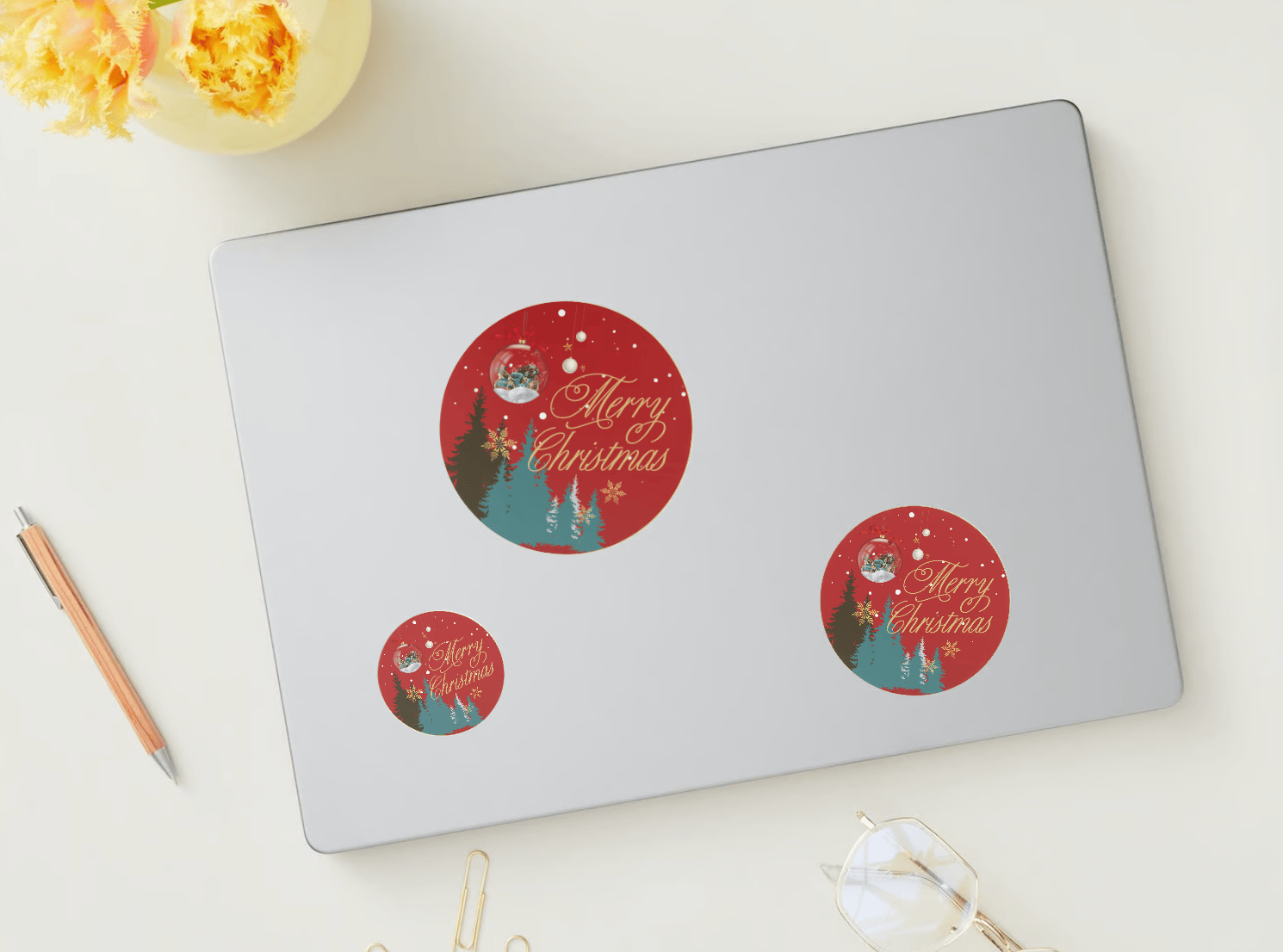 Customizable Festive Christmas Ornament Scene Circle Sticker | Digital Canva Template. Mock stickers in various sizes
