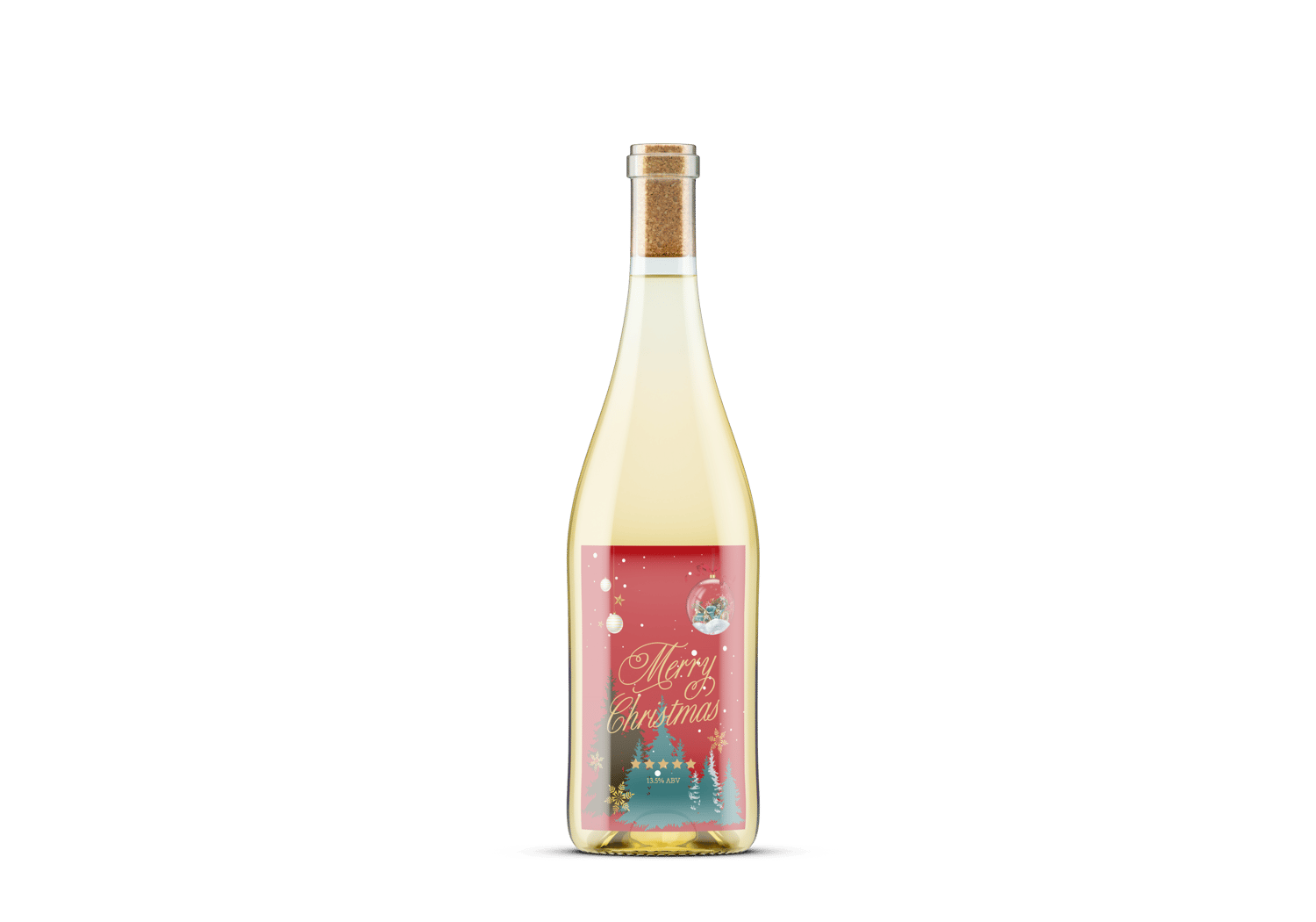 Customizable Festive Christmas Ornament Scene Sticker Label 4"x6" | Digital Canva Template. Mock sticker on white wine bottle