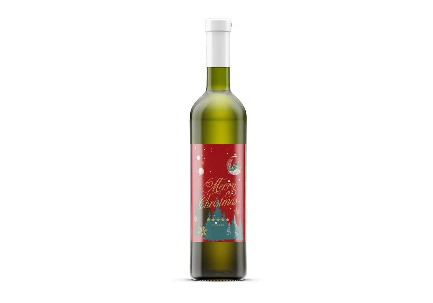 Customizable Festive Christmas Ornament Scene Sticker Label 4"x6" | Digital Canva Template. Mock sticker on dark wine bottle