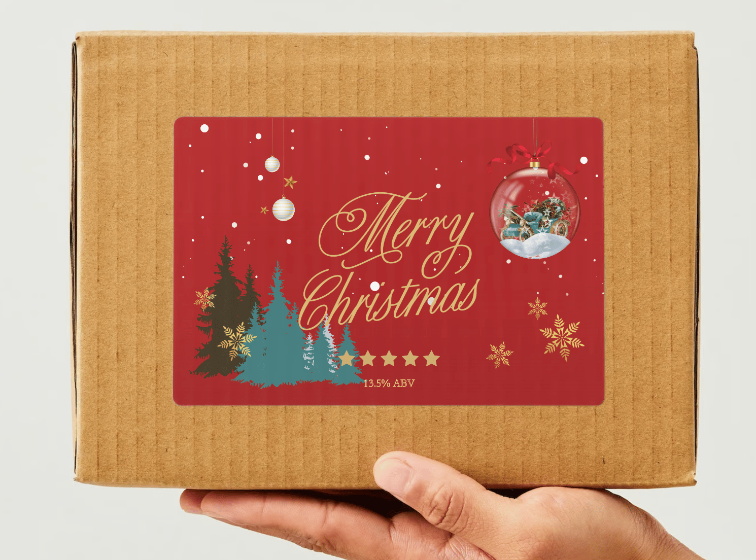 Customizable Festive Christmas Ornament Scene Sticker Label 6"x4" | Digital Canva Template. Mock sticker on box
