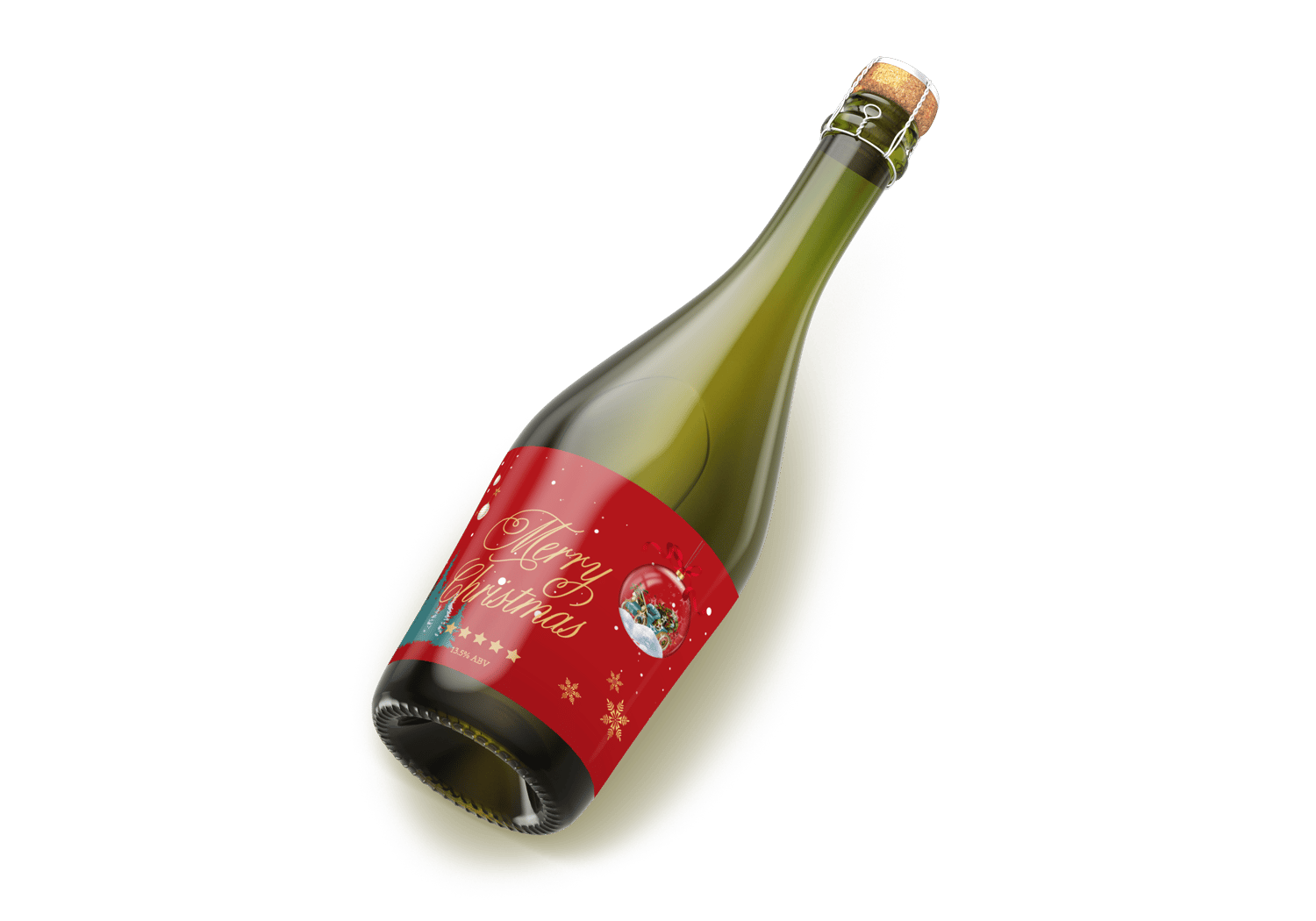 Customizable Festive Christmas Ornament Scene Sticker Label 6"x4" | Digital Canva Template. Mock sticker on dark wine bottle
