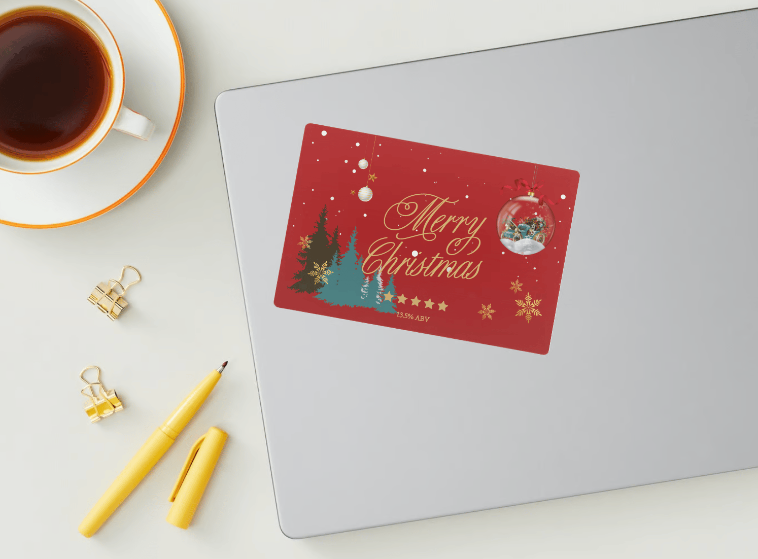 Customizable Festive Christmas Ornament Scene Sticker Label 6"x4" | Digital Canva Template. Mock sticker on laptop