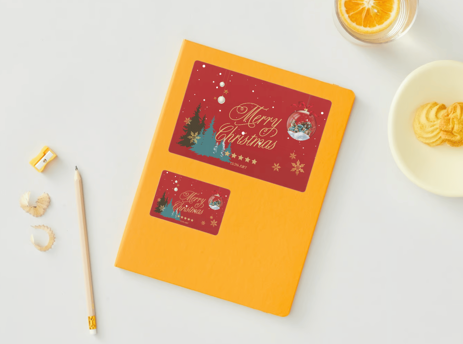 Customizable Festive Christmas Ornament Scene Sticker Label 6"x4" | Digital Canva Template. Mock stickers in various sizes  on envelope