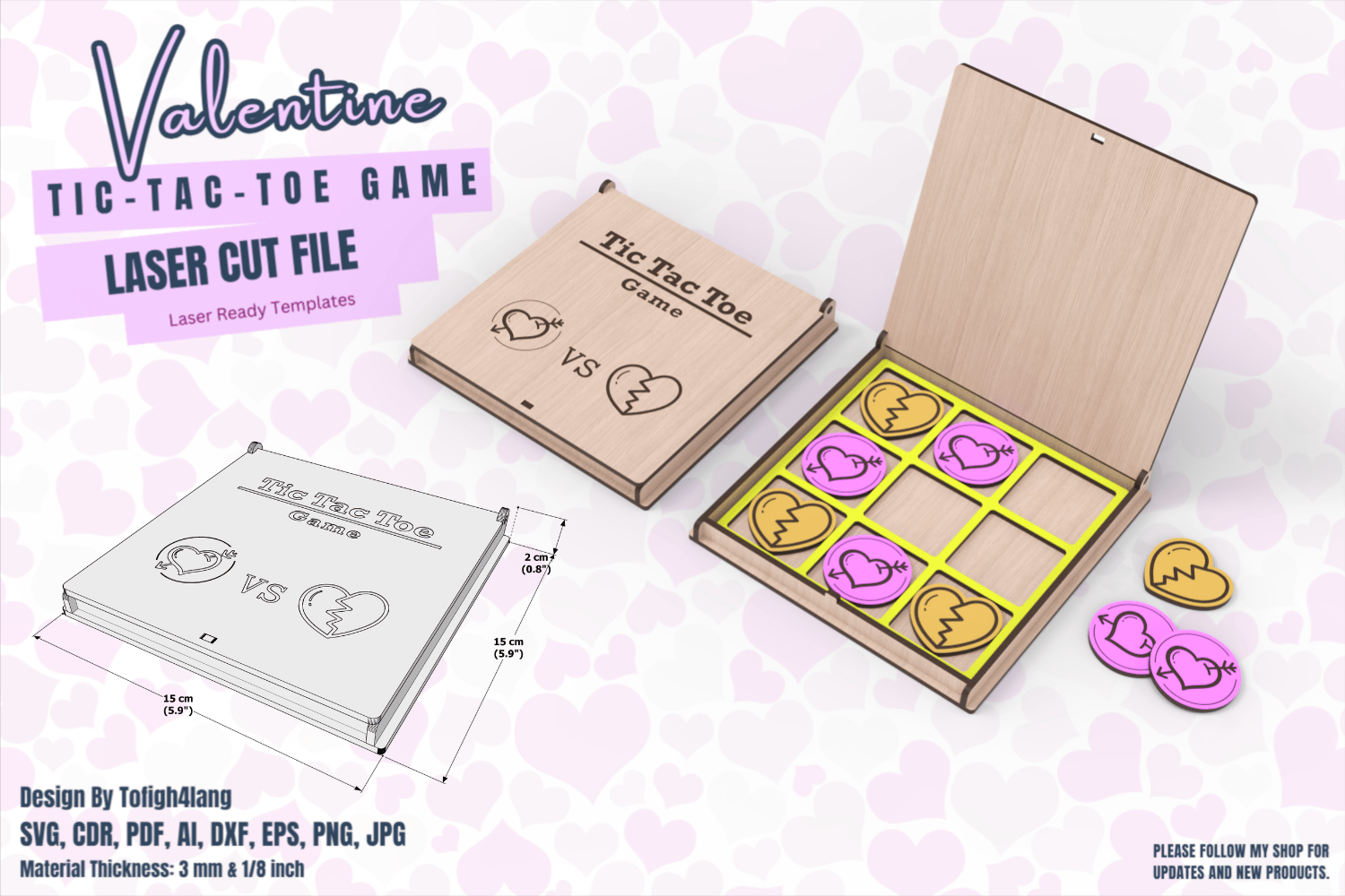 Valentine Tic Tac Toe Game | Laser Cut File | Love-Themed Game Design for Couples