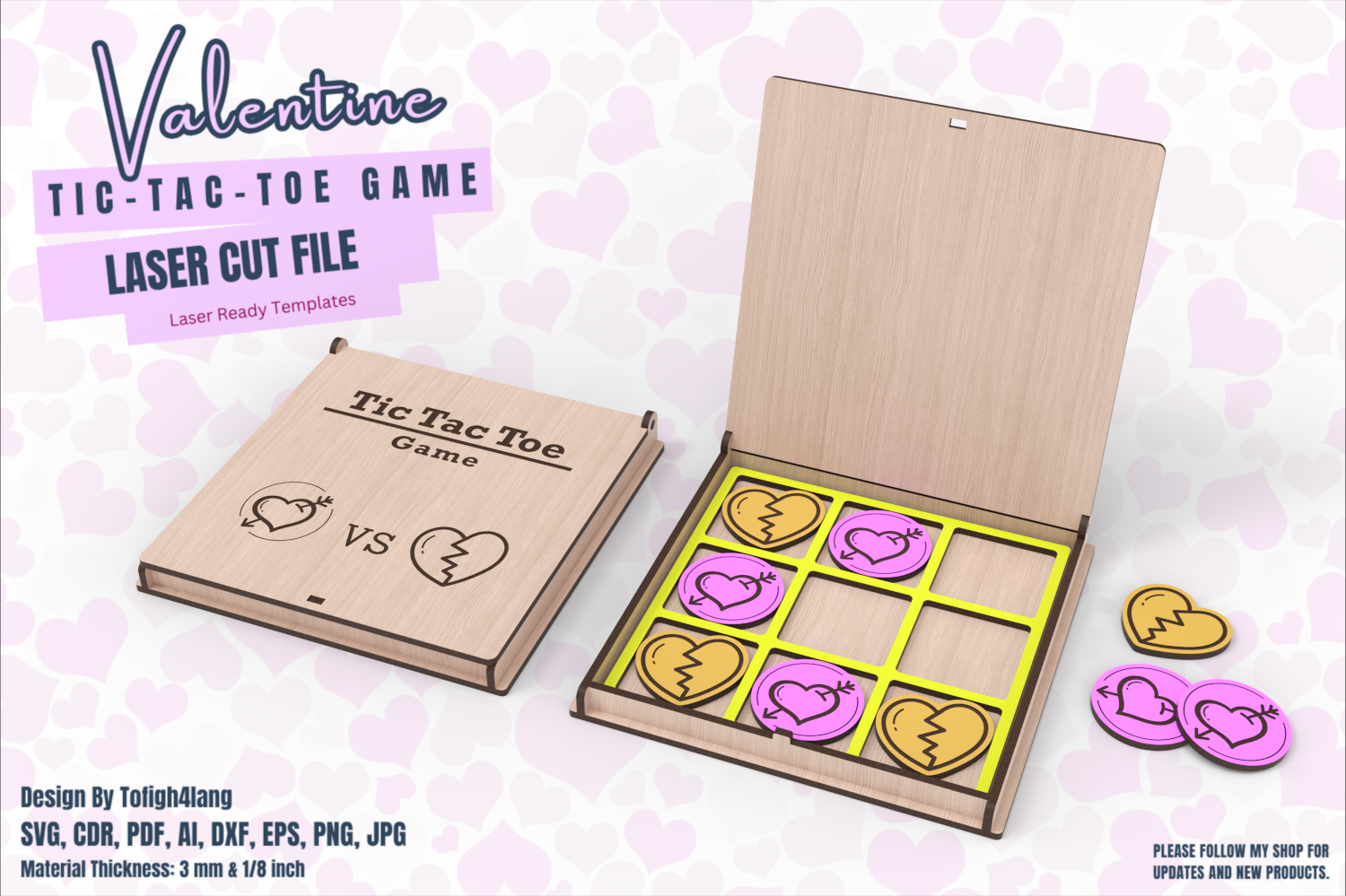 Valentine Tic Tac Toe Game | Laser Cut File | Love-Themed Game Design for Couples