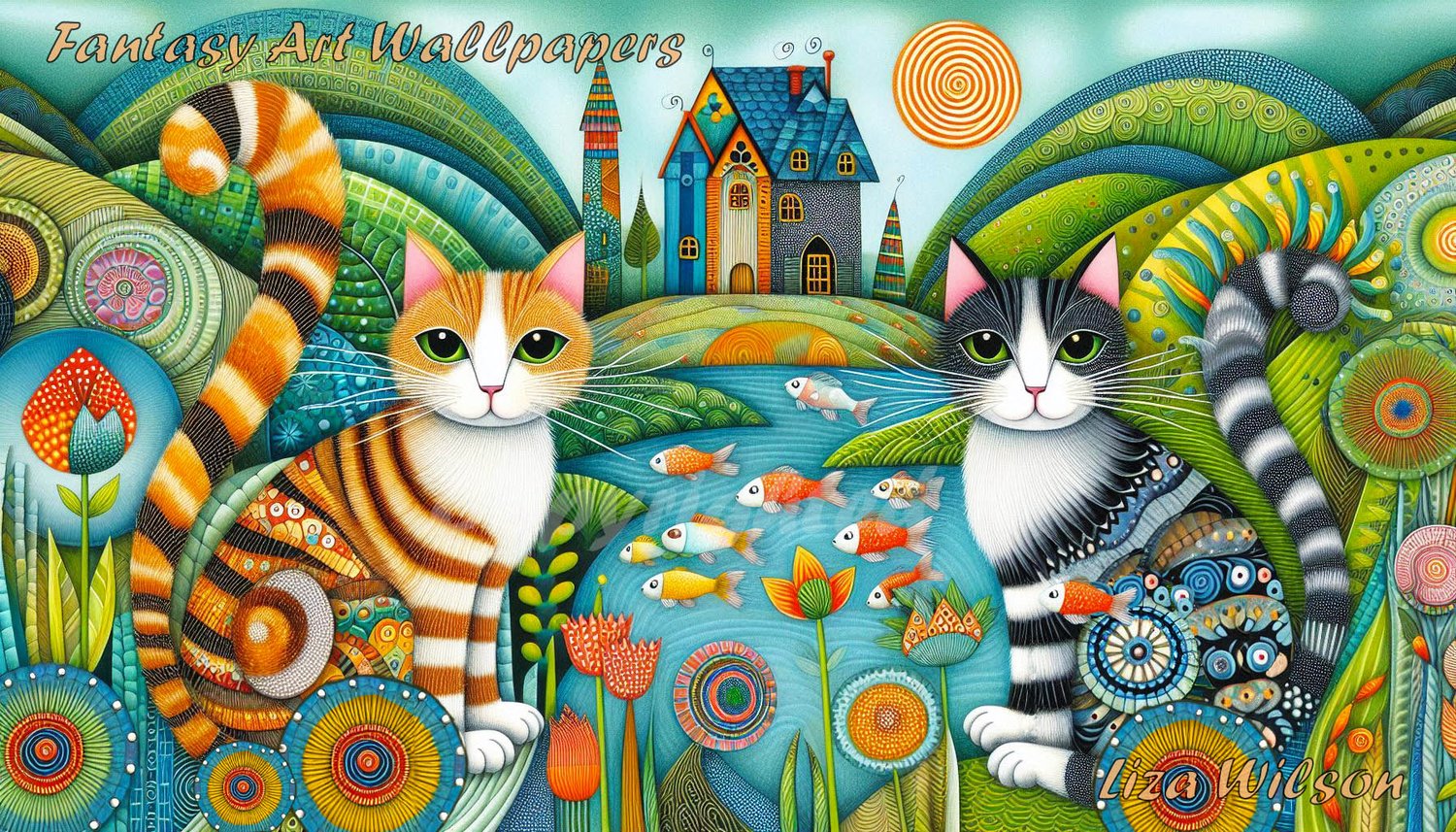 whimsical cats, whimsical, cats, tall cats, cat wallpaper, ponds, hills, patterns, fish