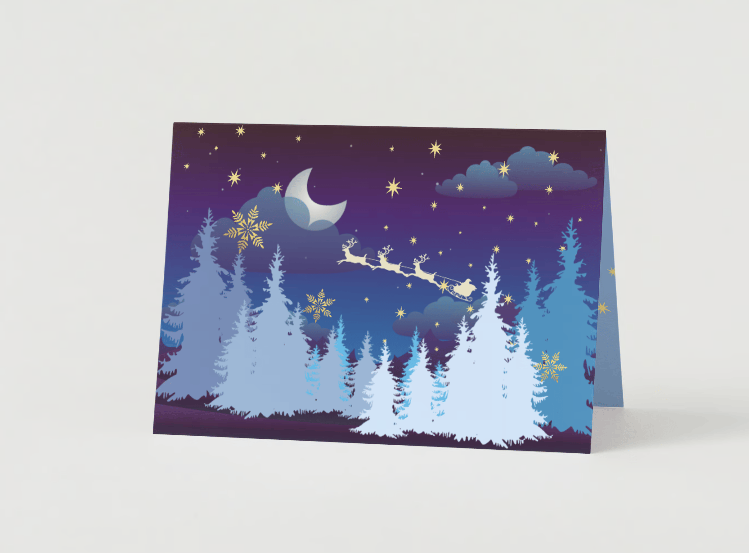 Customizable Starry Night Santa Sleigh Folded Card Landscape | Digital Canva Template. Mock card outside front view