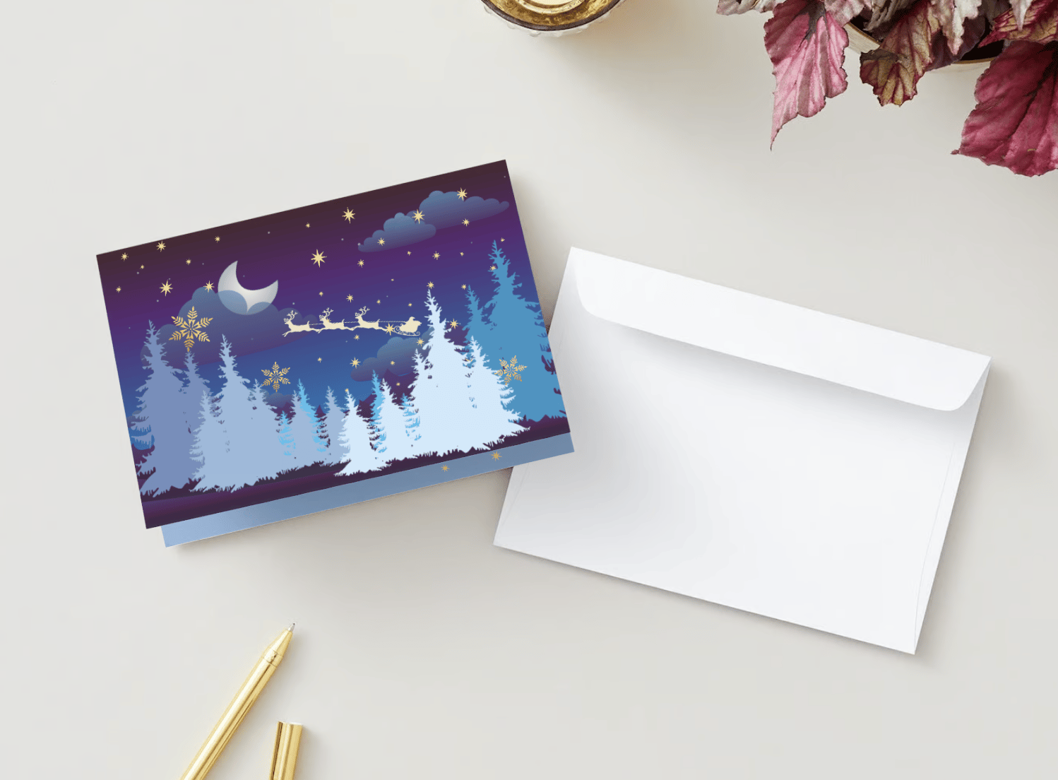 Customizable Starry Night Santa Sleigh Folded Card Landscape | Digital Canva Template. Mock card outside front view with envelope