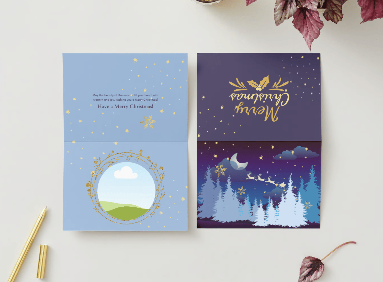 Customizable Starry Night Santa Sleigh Folded Card Landscape | Digital Canva Template. Mock card outside and inside views