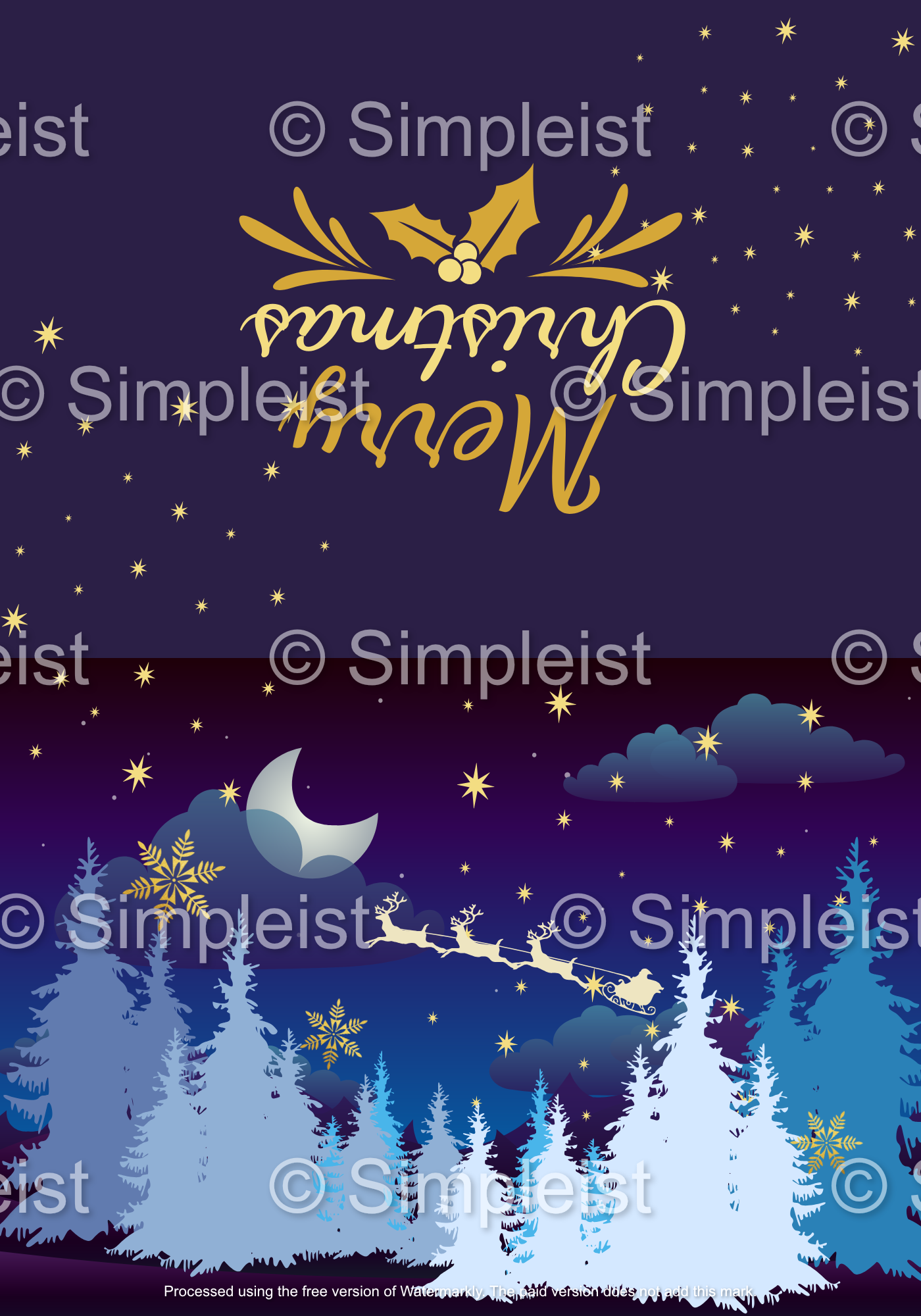 Customizable Starry Night Santa Sleigh Folded Card Landscape | Digital Canva Template. Outside design