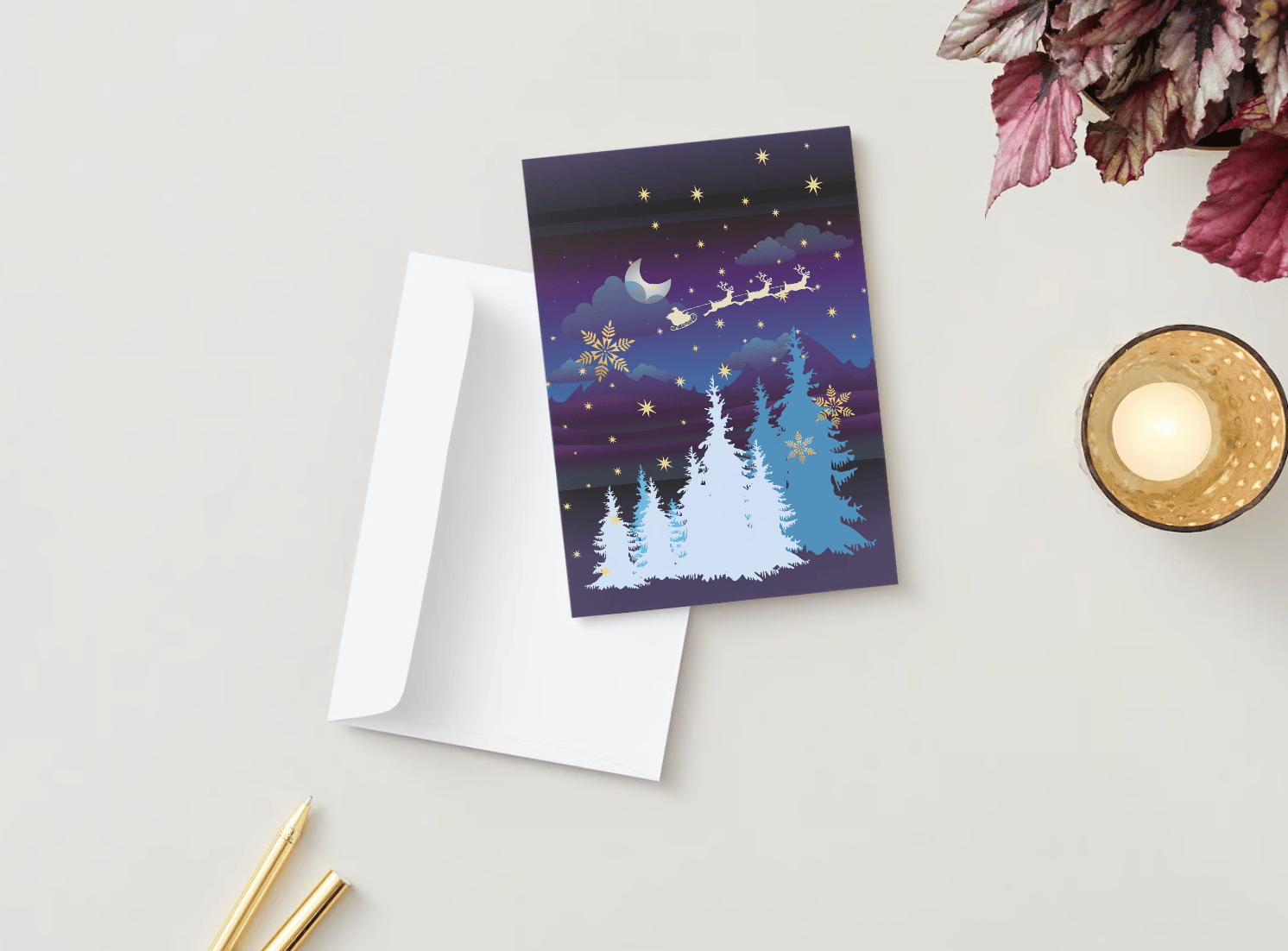 Customizable Starry Night Santa Sleigh Folded Card Portrait | Digital Canva Template. Mock card outside front view with envelope