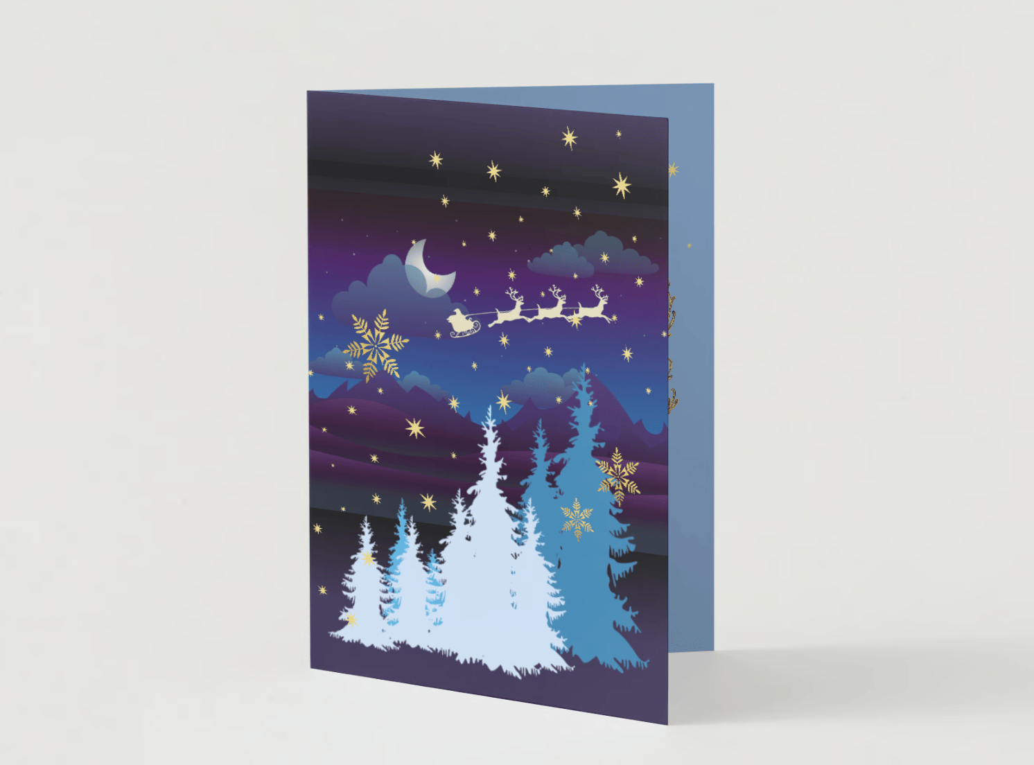Customizable Starry Night Santa Sleigh Folded Card Portrait | Digital Canva Template. Mock card outside front view