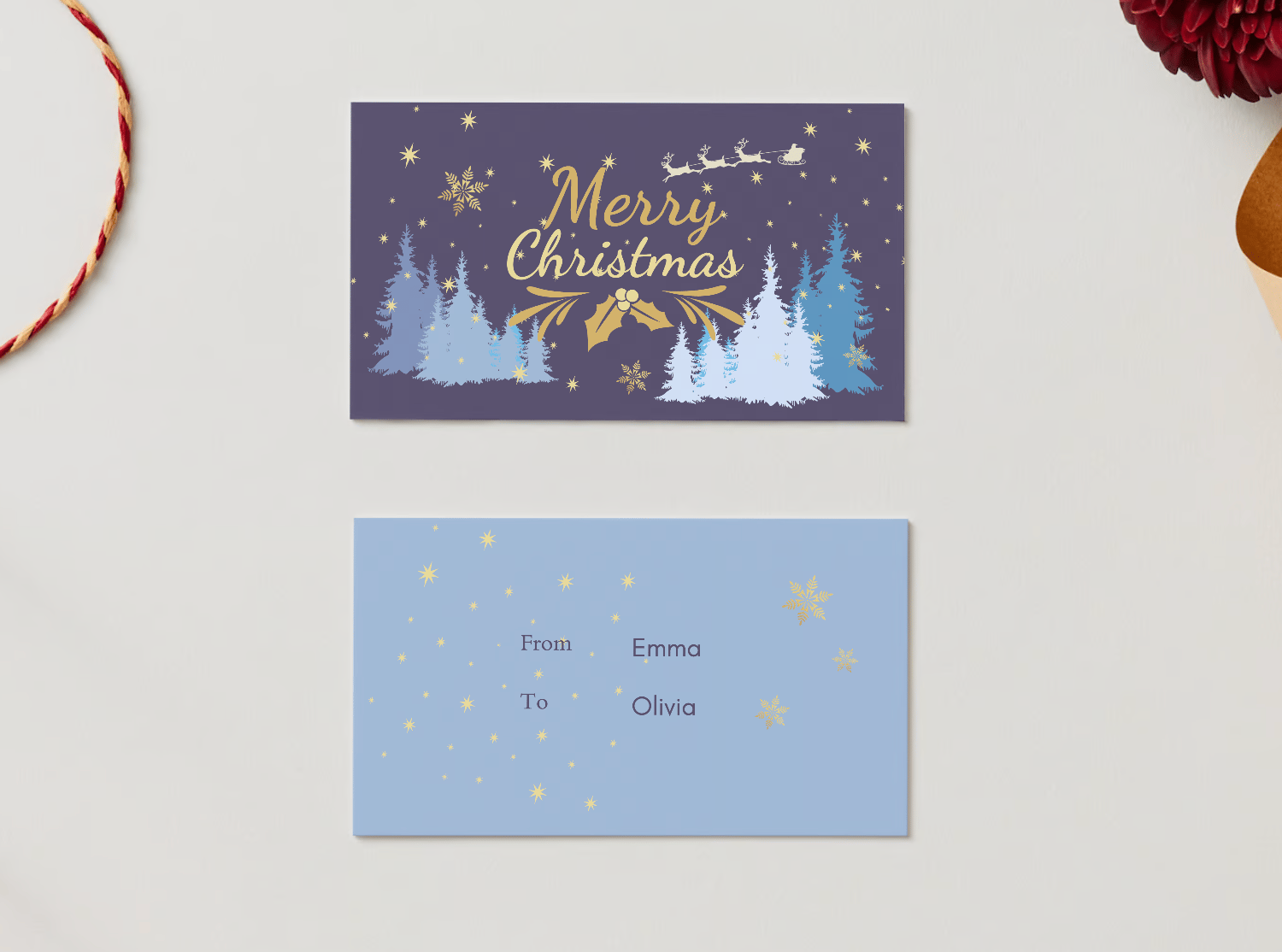 Customizable Starry Night Santa Sleigh Gift/Favor Tag| Digital Canva Template. Mock card front and back views