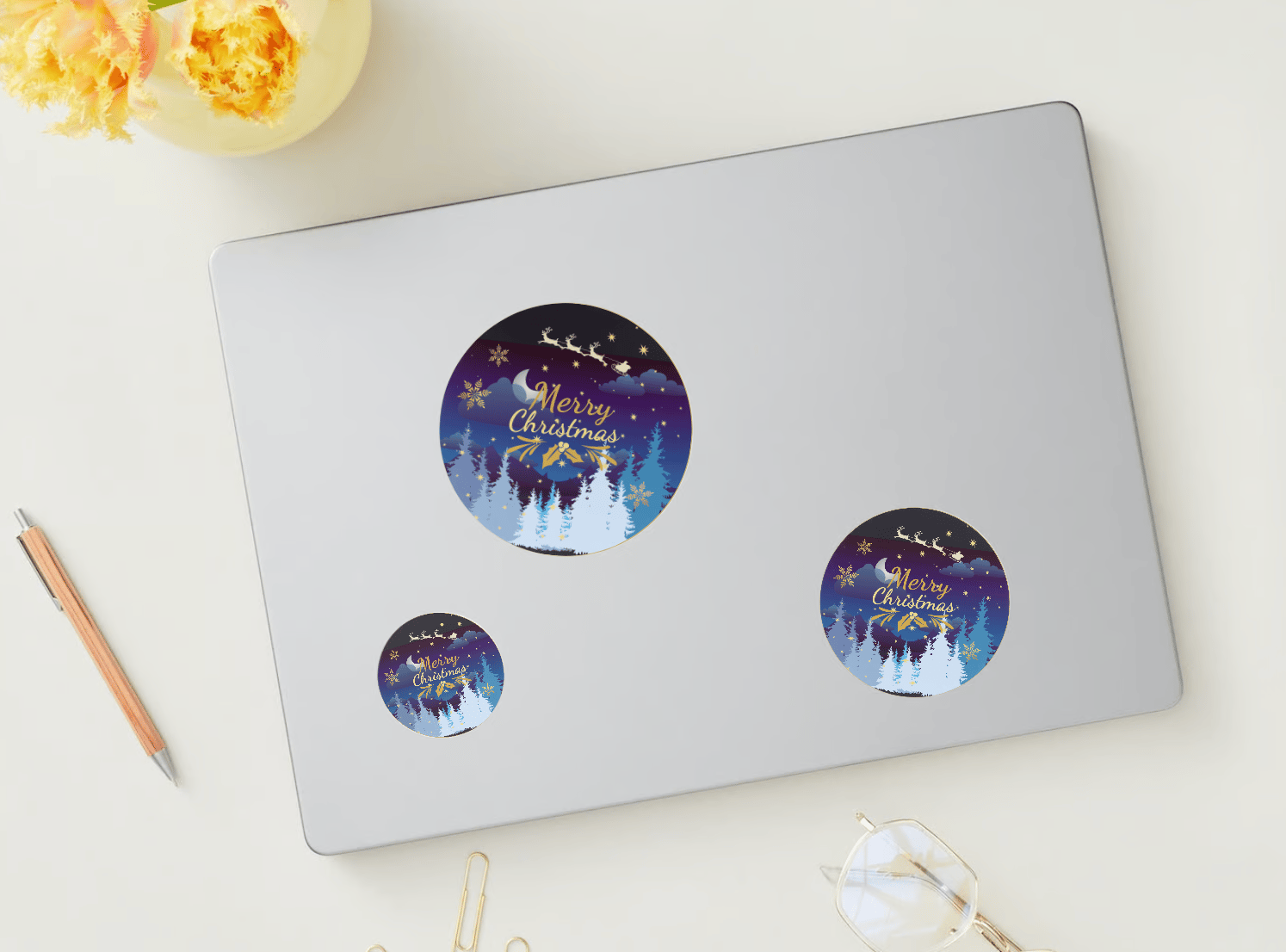 Customizable Starry Night Santa Sleigh Circle Sticker | Digital Canva Template. Mock circle sticker in various sizes