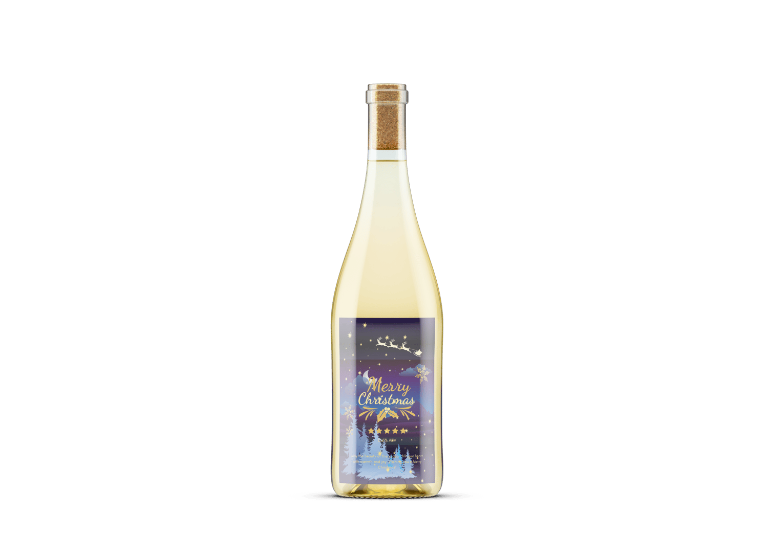 Customizable Starry Night Santa Sleigh Sticker Label 4"x6" | Digital Canva Template. Mock sticker on white wine bottle