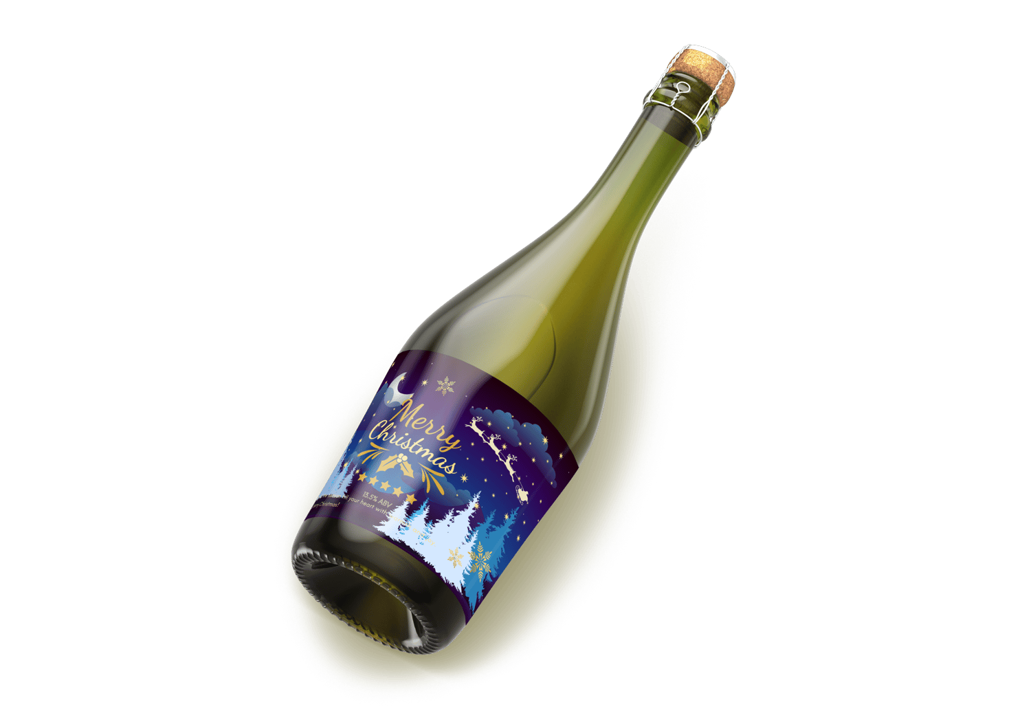 Customizable Starry Night Santa Sleigh Sticker Label 6"x4" | Digital Canva Template. Mock sticker on dark wine bottle