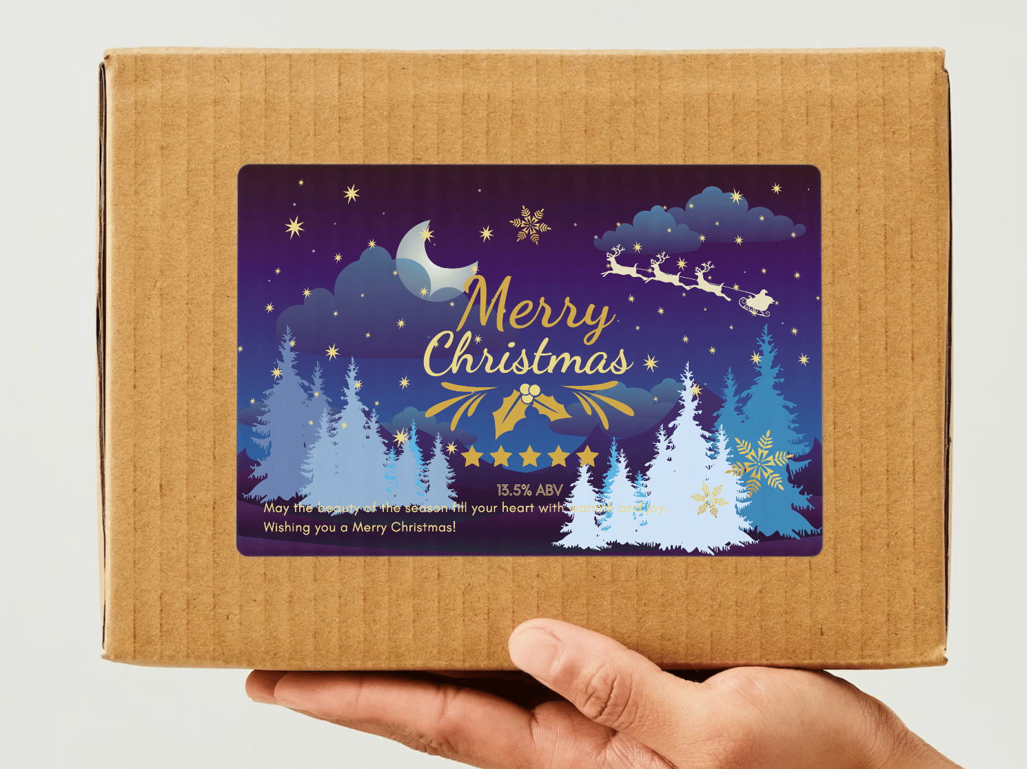 Customizable Starry Night Santa Sleigh Sticker Label 6"x4" | Digital Canva Template. Mock sticker on box