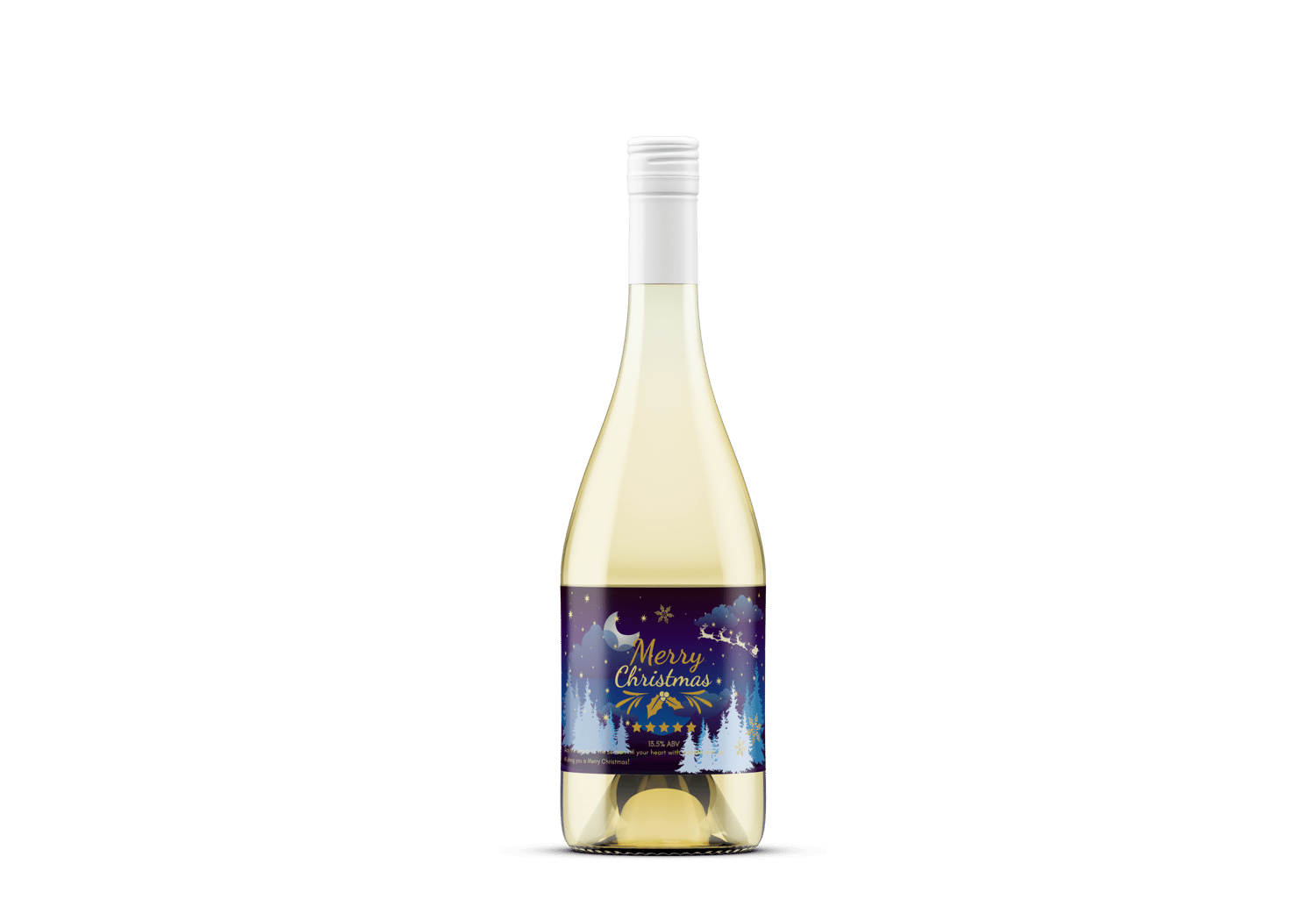 Customizable Starry Night Santa Sleigh Sticker Label 6"x4" | Digital Canva Template. Mock sticker on white wine bottle