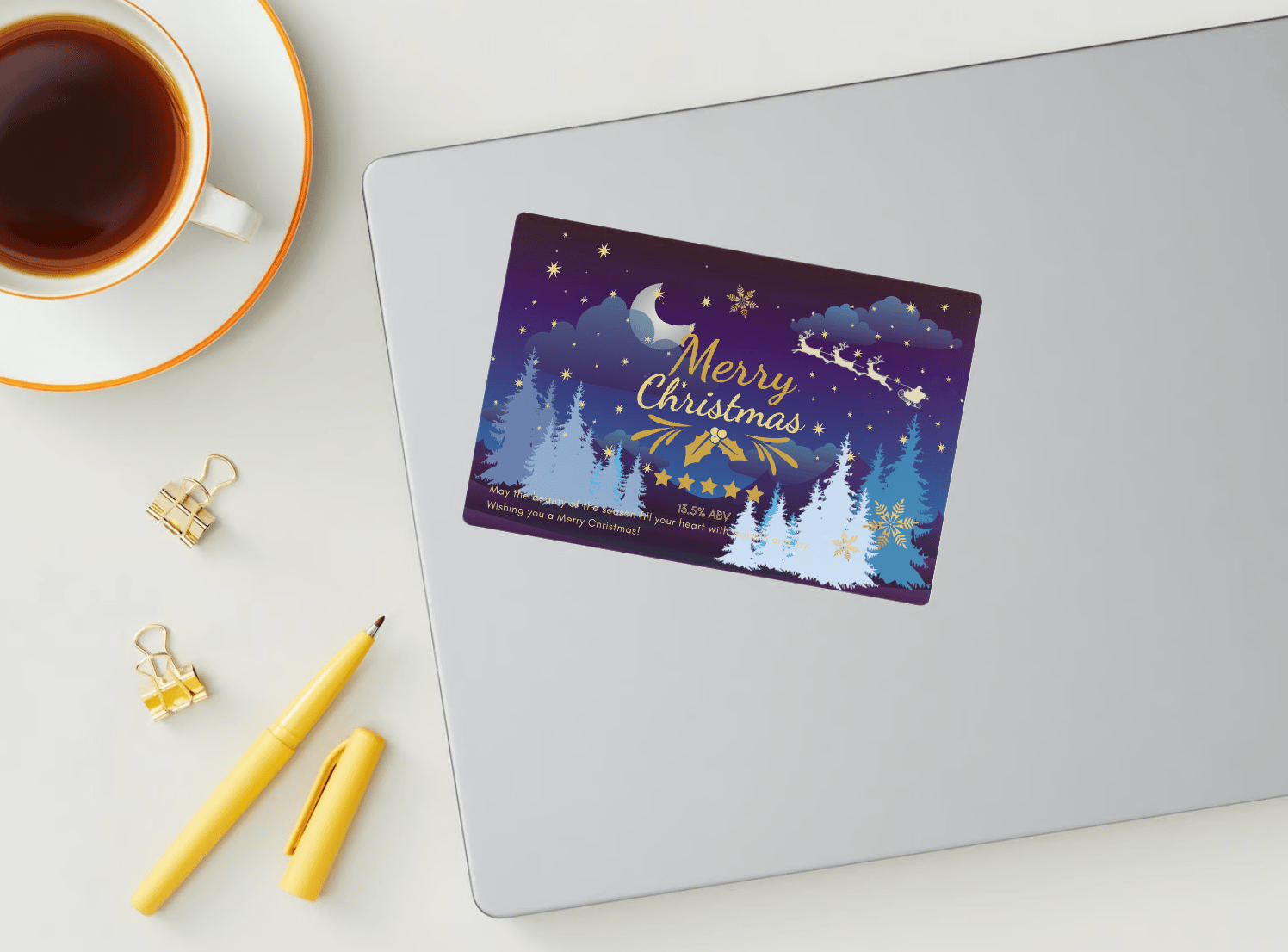 Customizable Starry Night Santa Sleigh Sticker Label 6"x4" | Digital Canva Template. Mock sticker on laptop