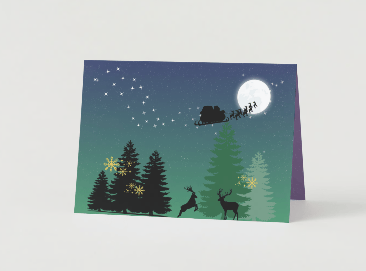 Customizable Aurora Night Santa Sleigh Folded Card Landscape | Digital Canva Template. Mock card outside front view