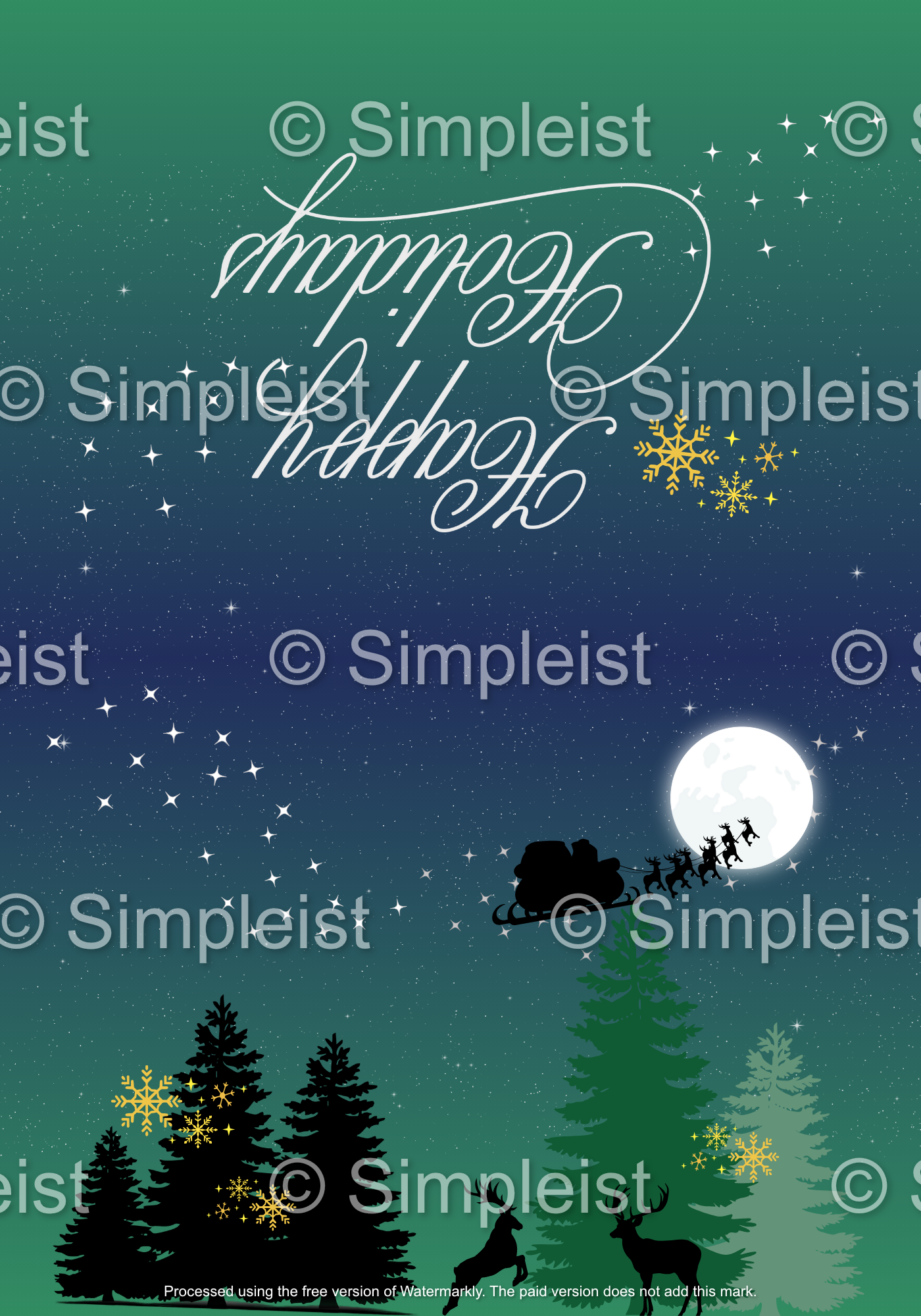Customizable Aurora Night Santa Sleigh Folded Card Landscape | Digital Canva Template. Outside design