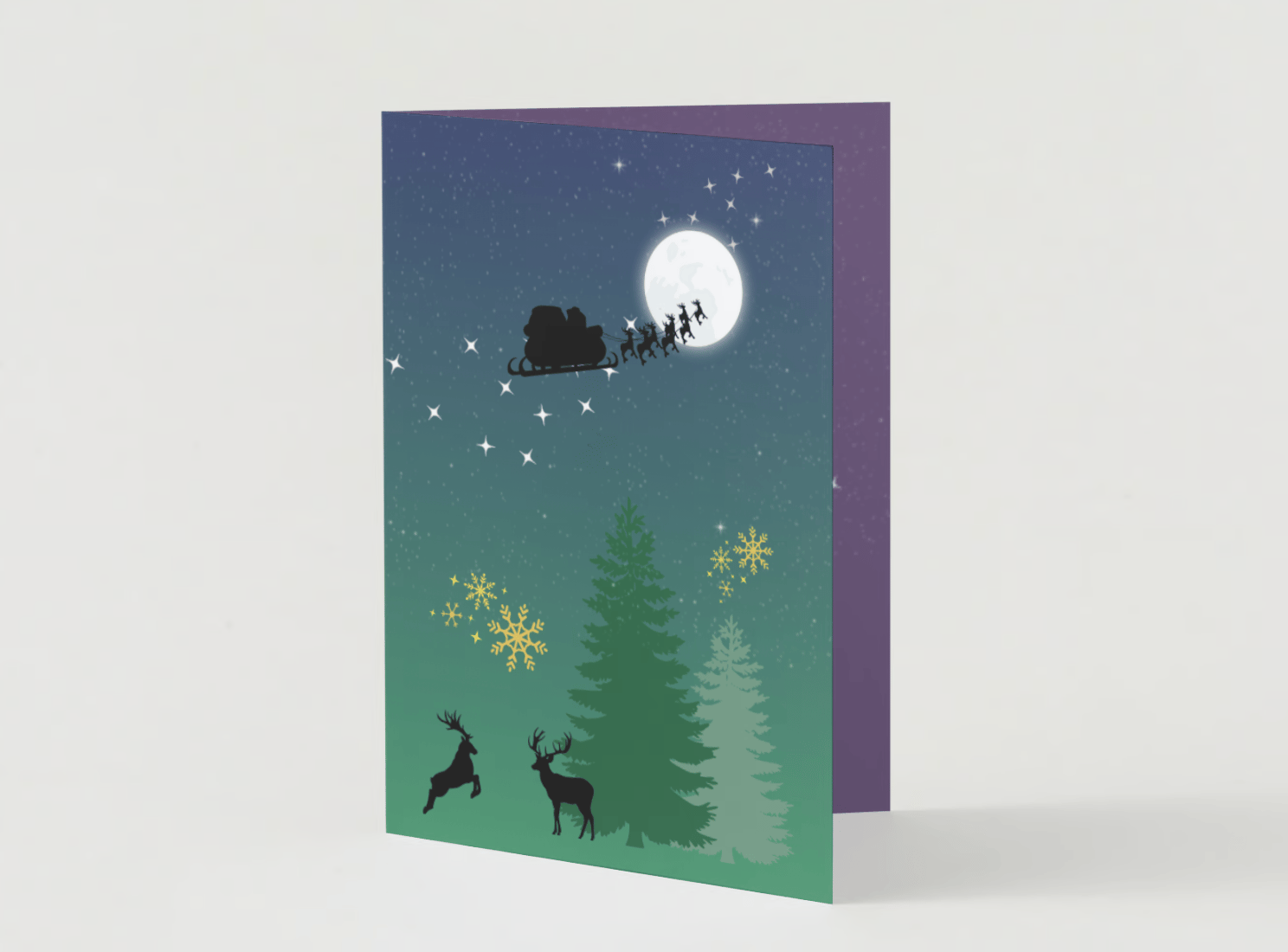 Customizable Aurora Night Santa Sleigh Folded Card Portrait | Digital Canva Template. Mock card outside front view