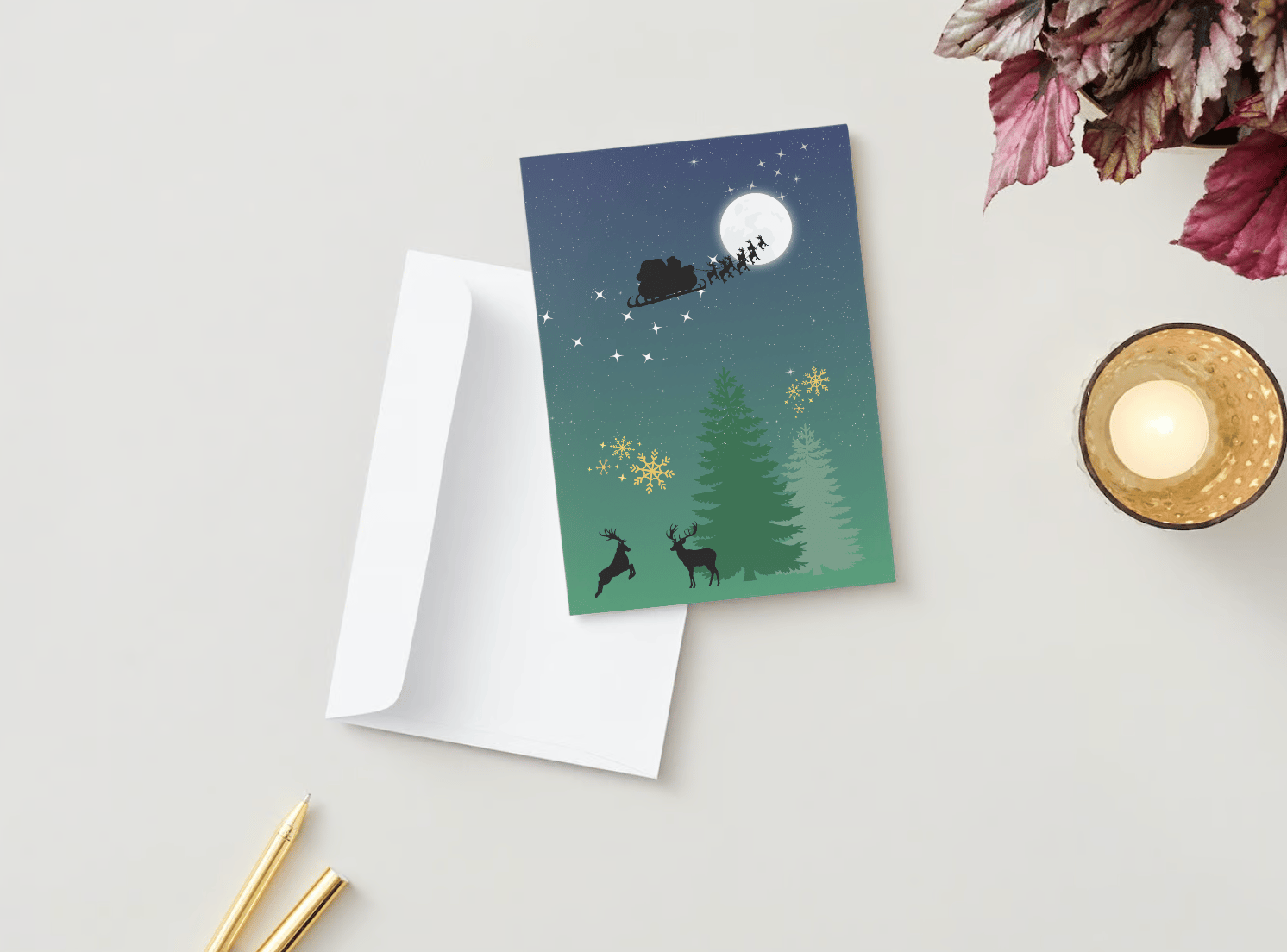 Customizable Aurora Night Santa Sleigh Folded Card Portrait | Digital Canva Template. Mock card outside front view with envelope