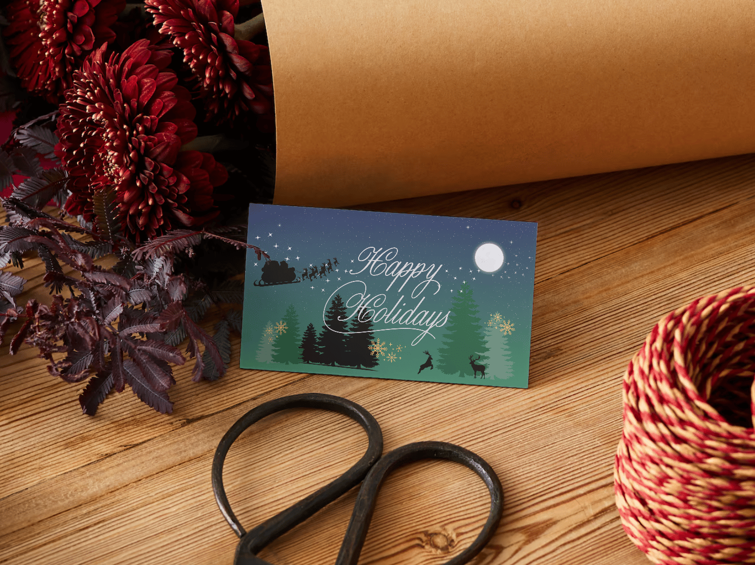 Customizable Aurora Night Santa Sleigh Gift/Favor Tag| Digital Canva Template. Mock card front view