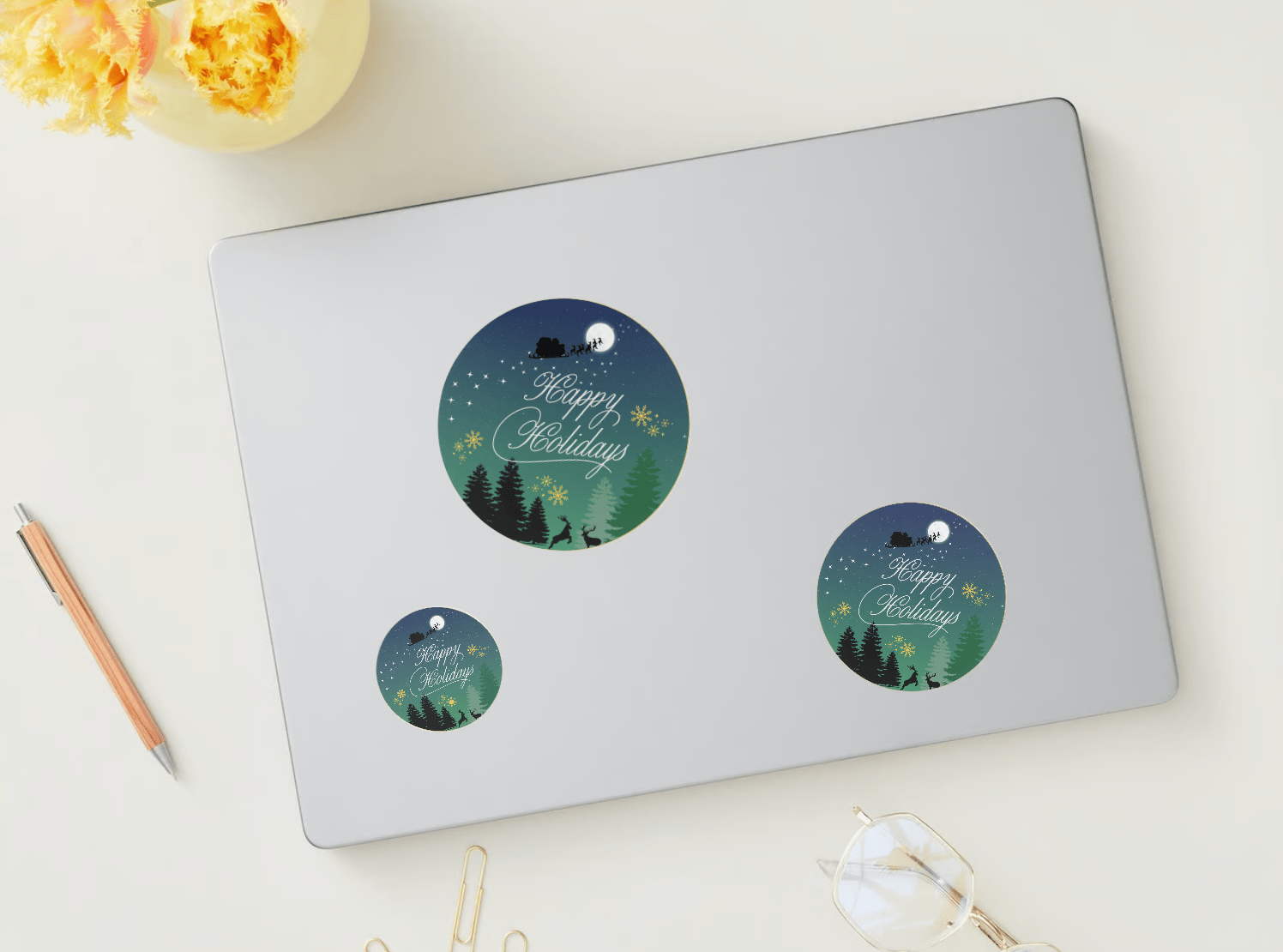Customizable Aurora Night Santa Sleigh Circle Sticker | Digital Canva Template. Mock circle stickers in various sizes