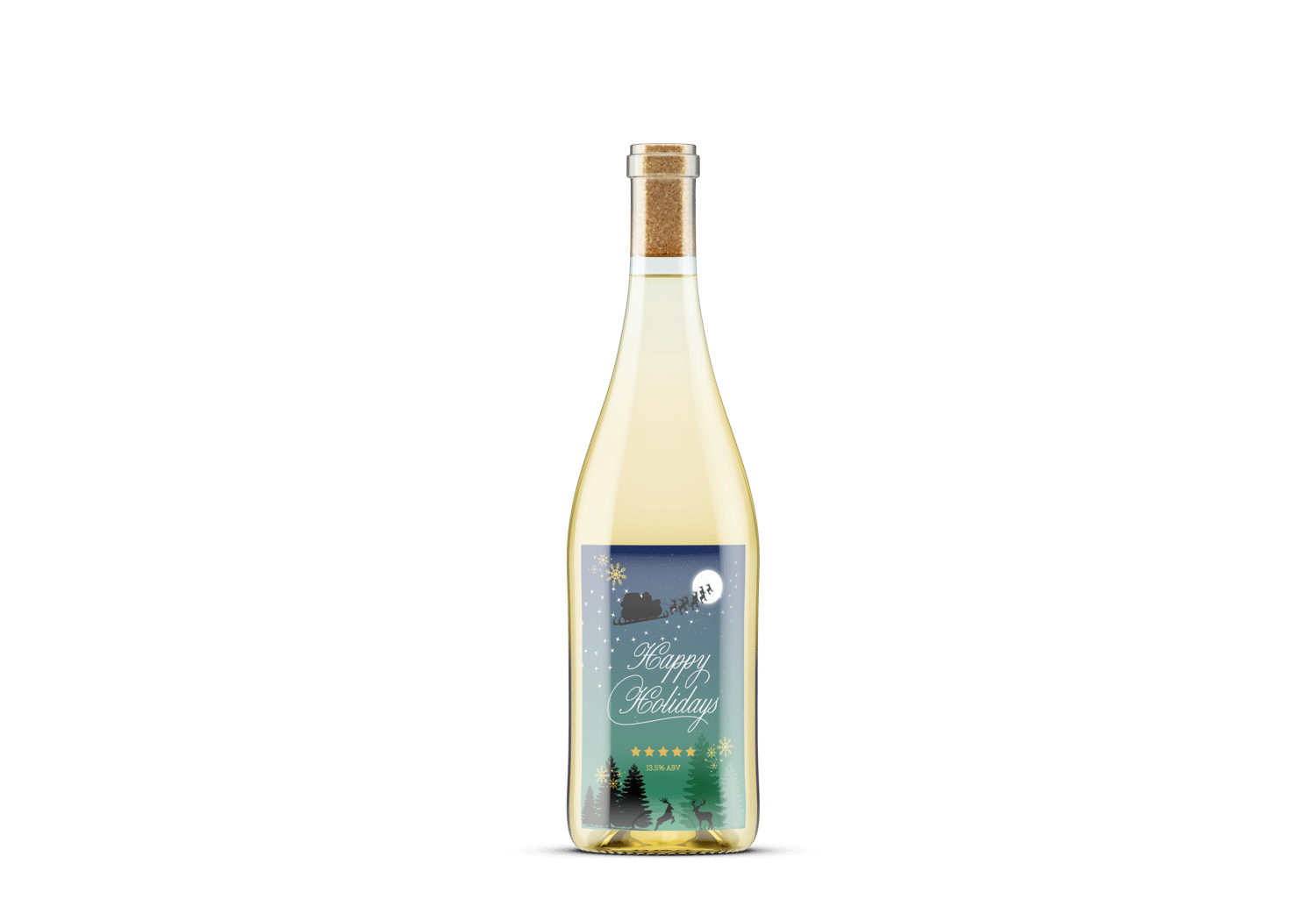 Customizable Aurora Night Santa Sleigh Sticker Label 4"x6" | Digital Canva Template. Mock sticker on white wine bottle